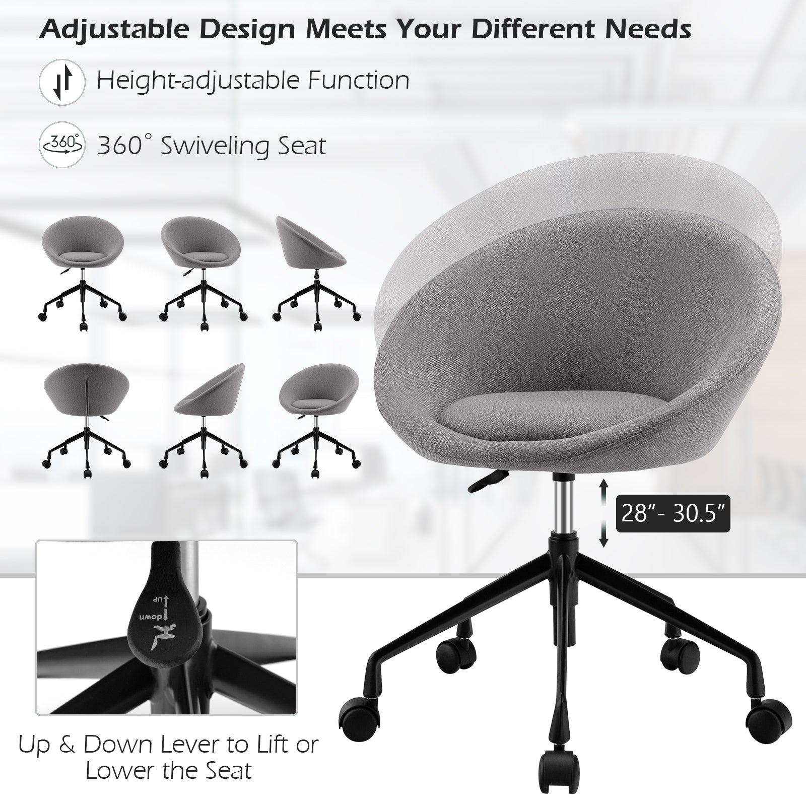 Modern Height Adjustable Swivel Accent Chair with Flexible Casters for Study Room and Make-up Room-Grey