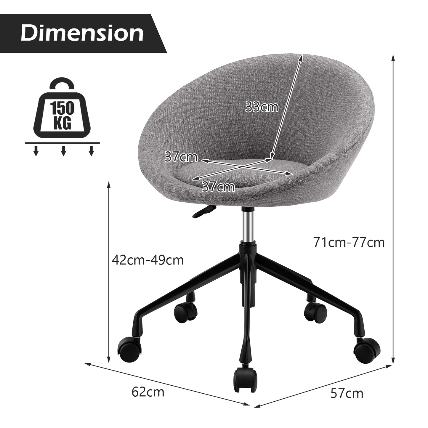 Modern Height Adjustable Swivel Accent Chair with Flexible Casters for Study Room and Make-up Room-Grey