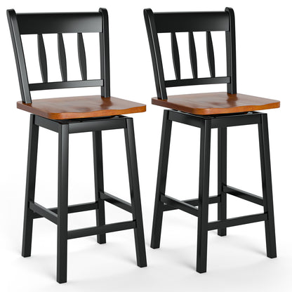 Set of 2 97cm Swivel Rubber Wood Bar Stools with Backrest and Footrest-Black