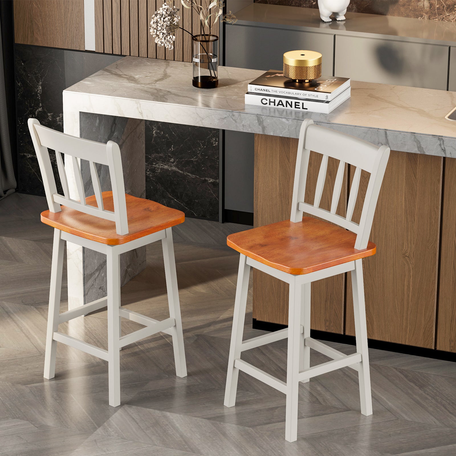 Set of 2 97cm Swivel Rubber Wood Bar Stools with Backrest and Footrest-White