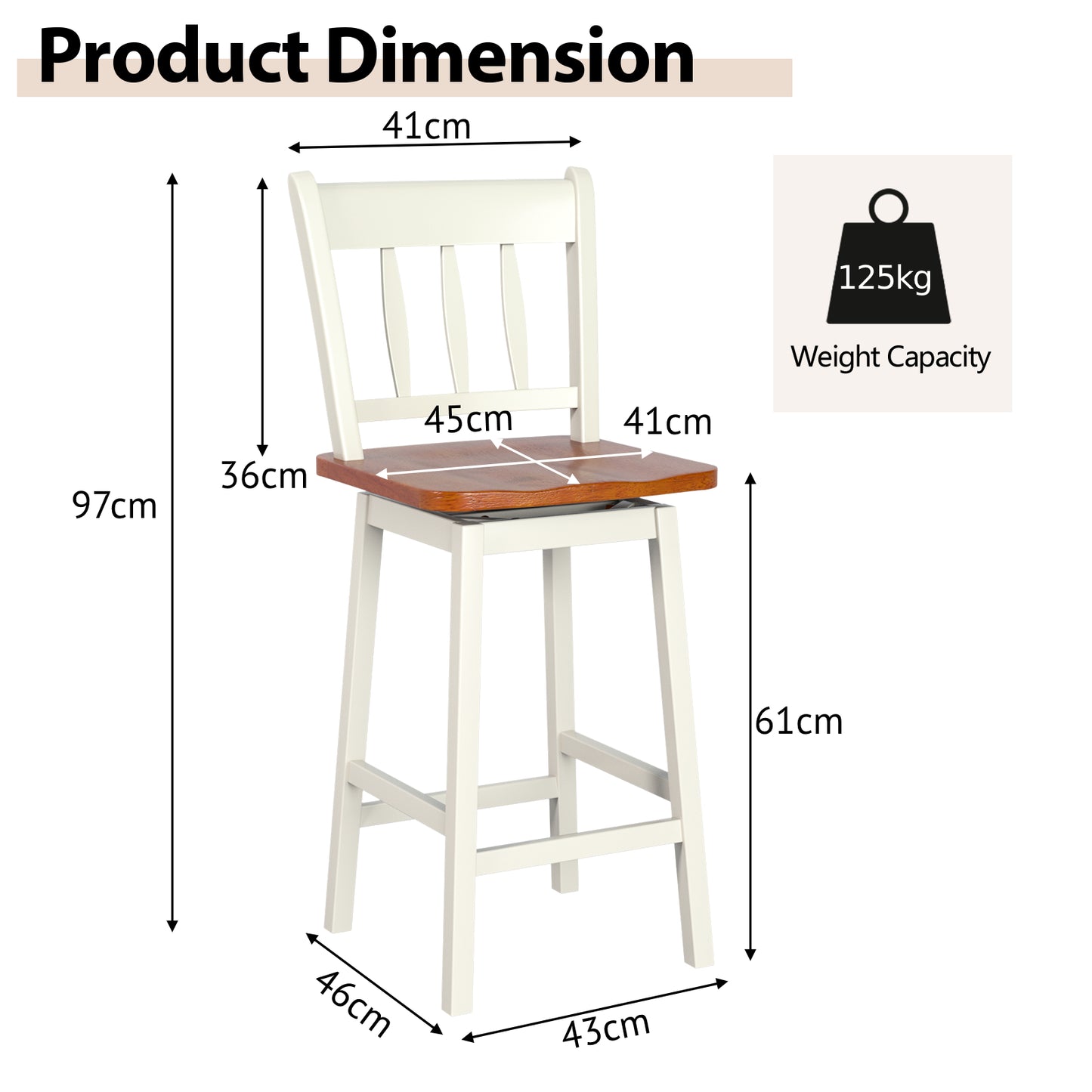 Set of 2 97cm Swivel Rubber Wood Bar Stools with Backrest and Footrest-White