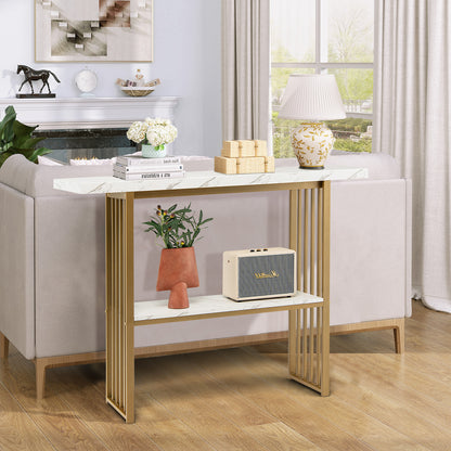 2-Tier Faux Marble Console Table for Entryway Living Room Bedroom-White &amp; Golden