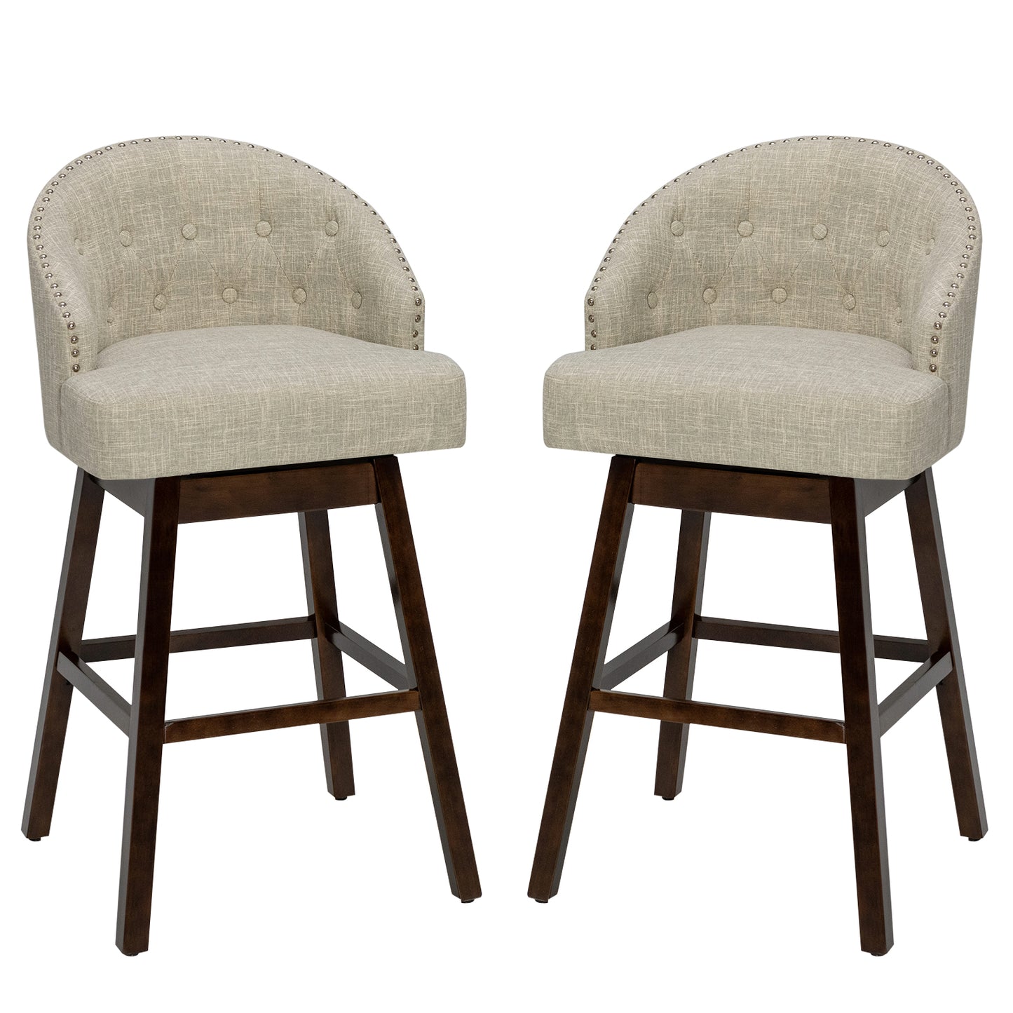 Swivel Bar Stools with Rubber Wood Legs and Padded Back-Beige