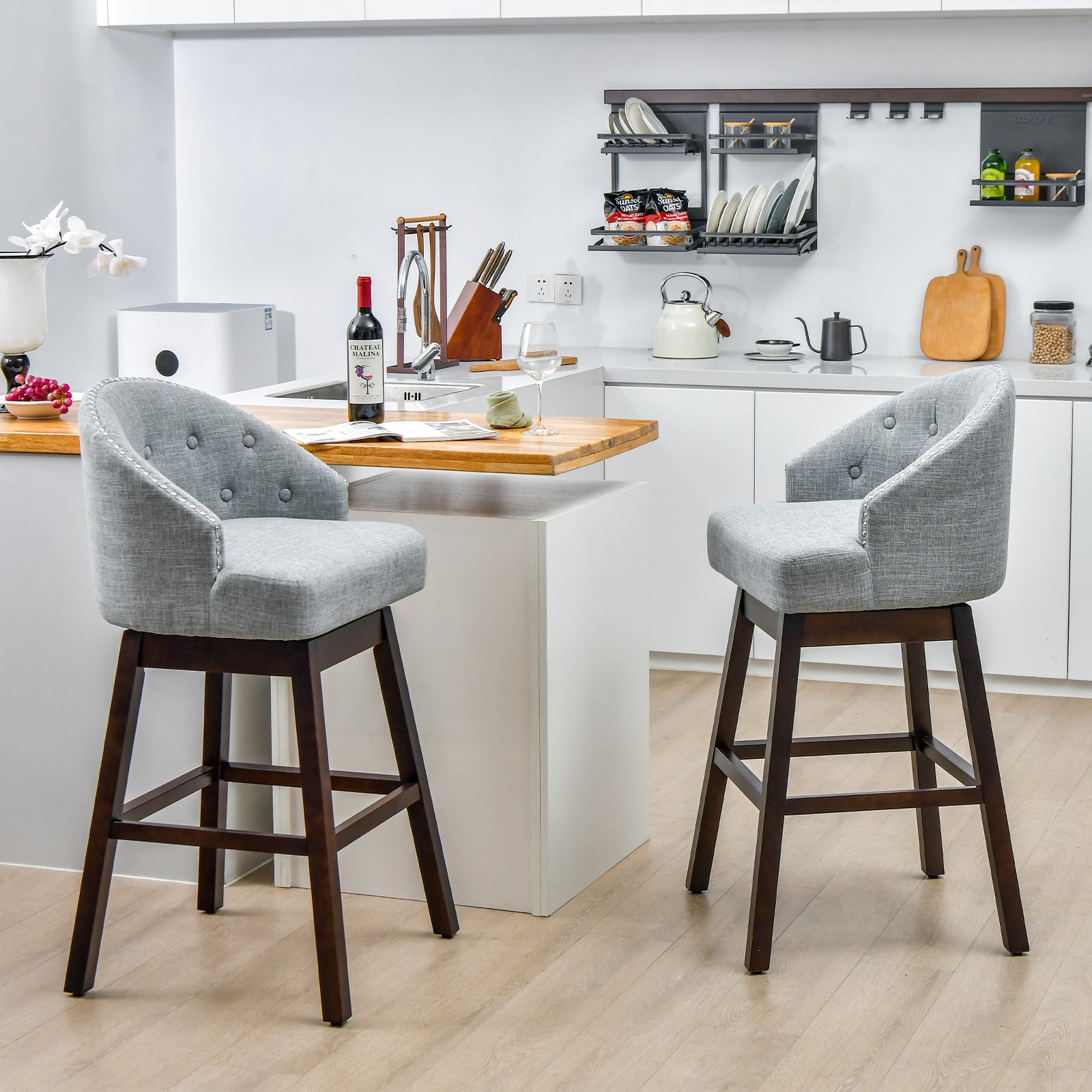 Swivel Bar Stools with Rubber Wood Legs and Padded Back-Grey