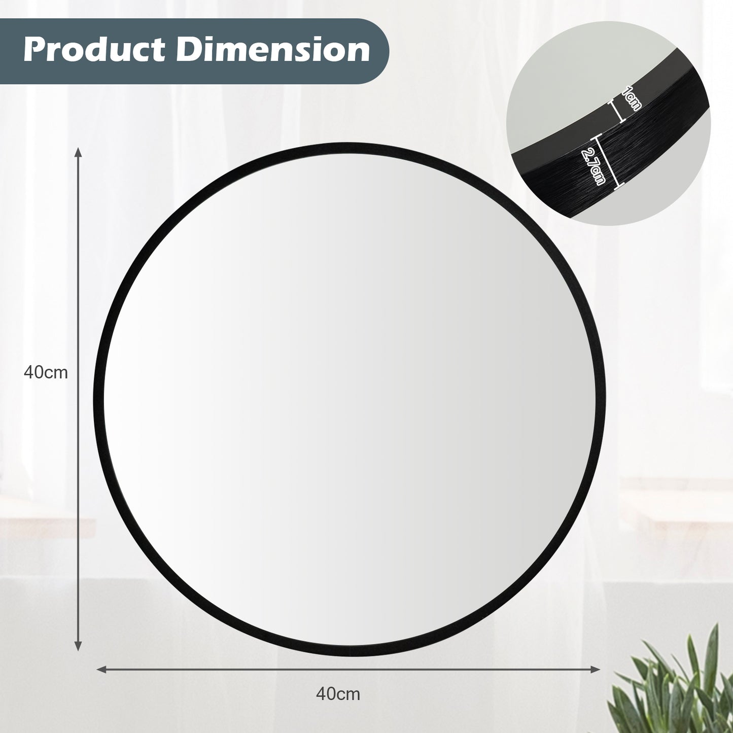 40cm Large Round Wall-mounted Mirror for Bathroom Bedroom-Black