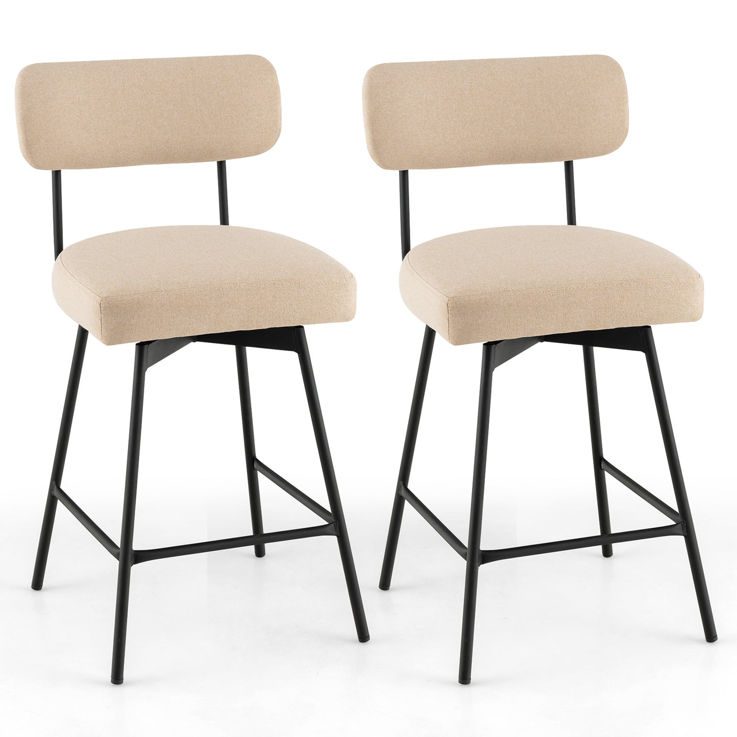 Set of 2 Bar Stools with Backrest Footrest and Anti-slip Foot Pads-Beige