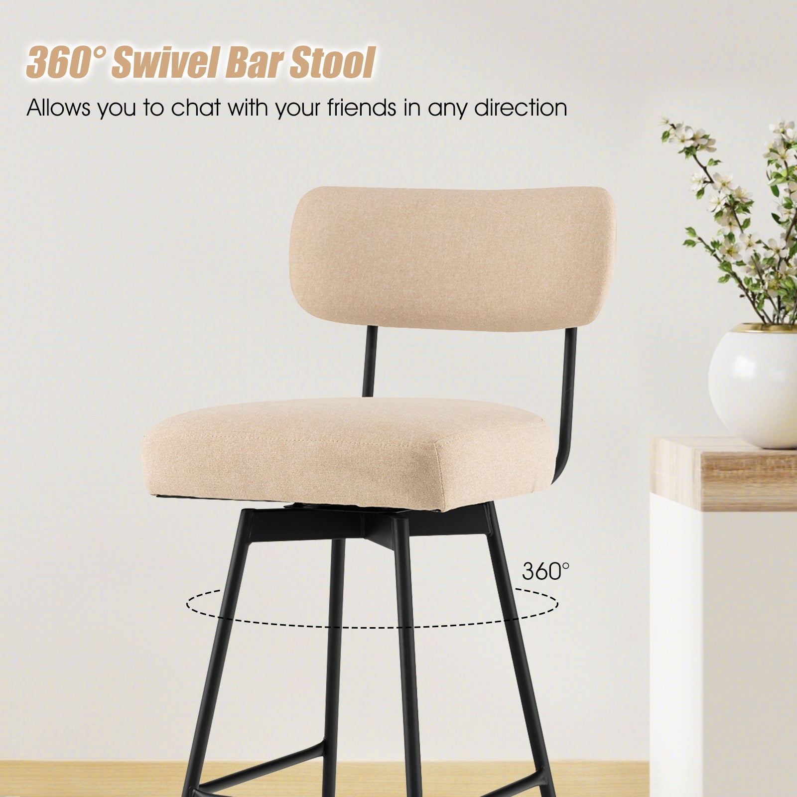 Set of 2 Bar Stools with Backrest Footrest and Anti-slip Foot Pads-Beige