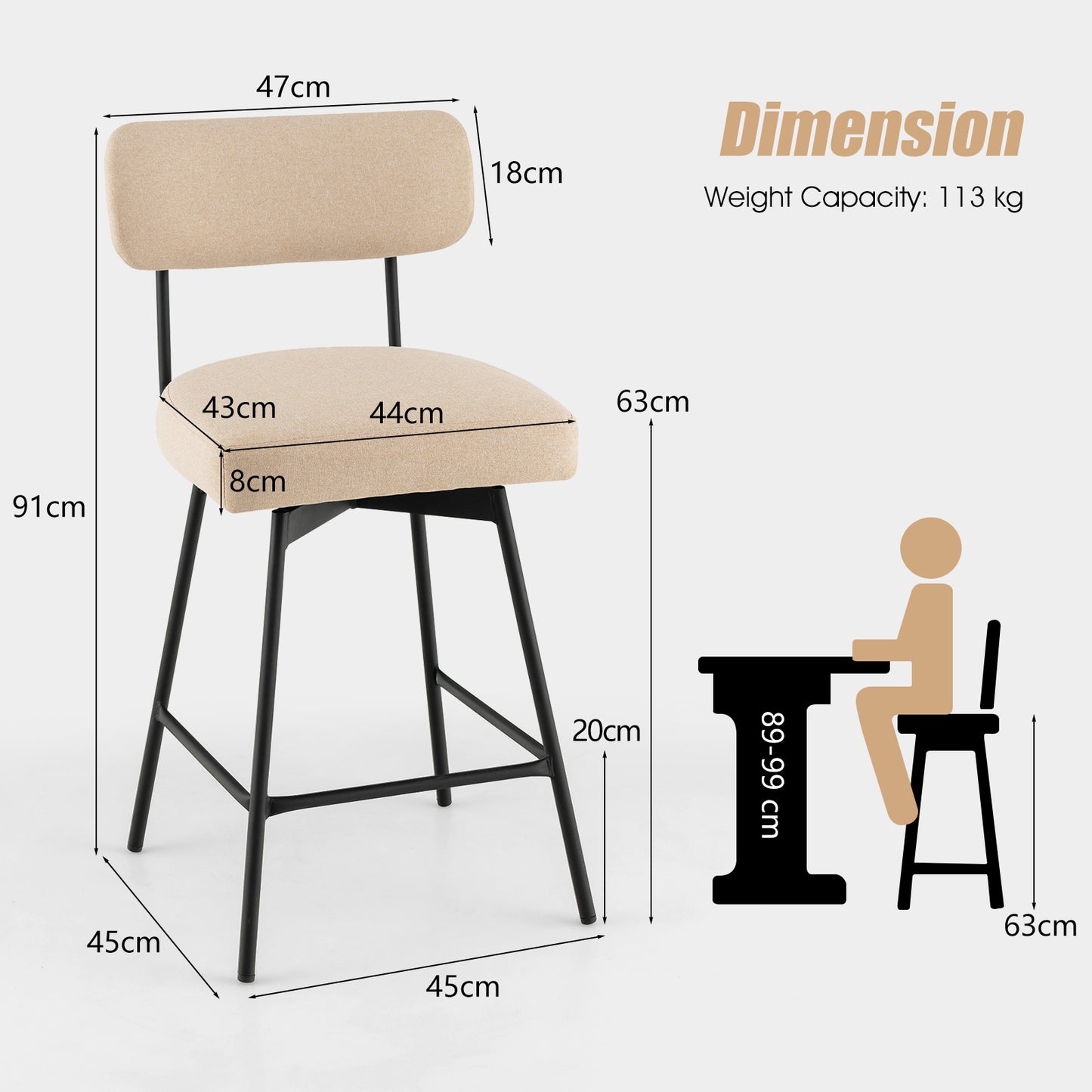 Set of 2 Bar Stools with Backrest Footrest and Anti-slip Foot Pads-Beige