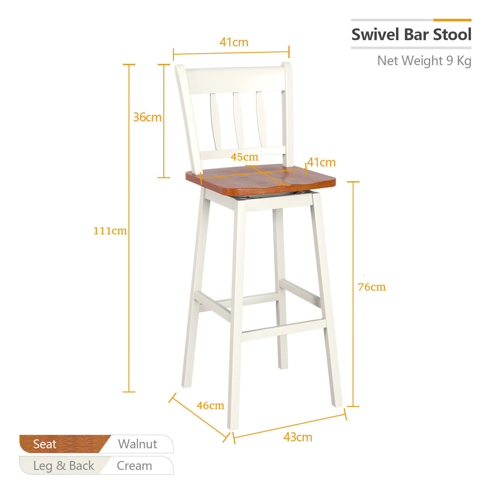 Set of 2 Rubber Wood Swivel Bar Stools with Backrest and Footrest-Cream