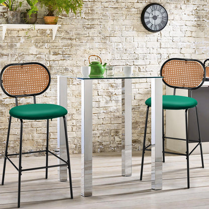 Set of 2 PU Leather Bar Stools with Rattan Backrest and Footrest-Green