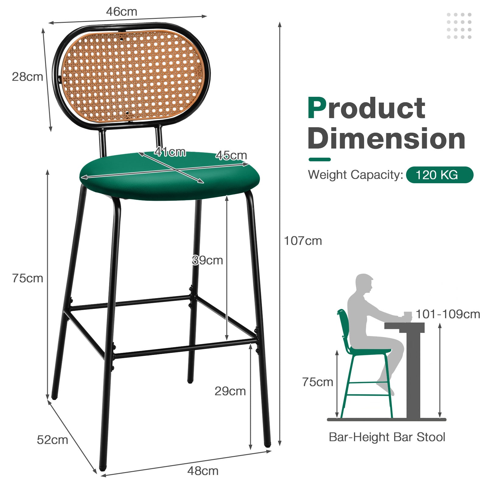 Set of 2 PU Leather Bar Stools with Rattan Backrest and Footrest-Green