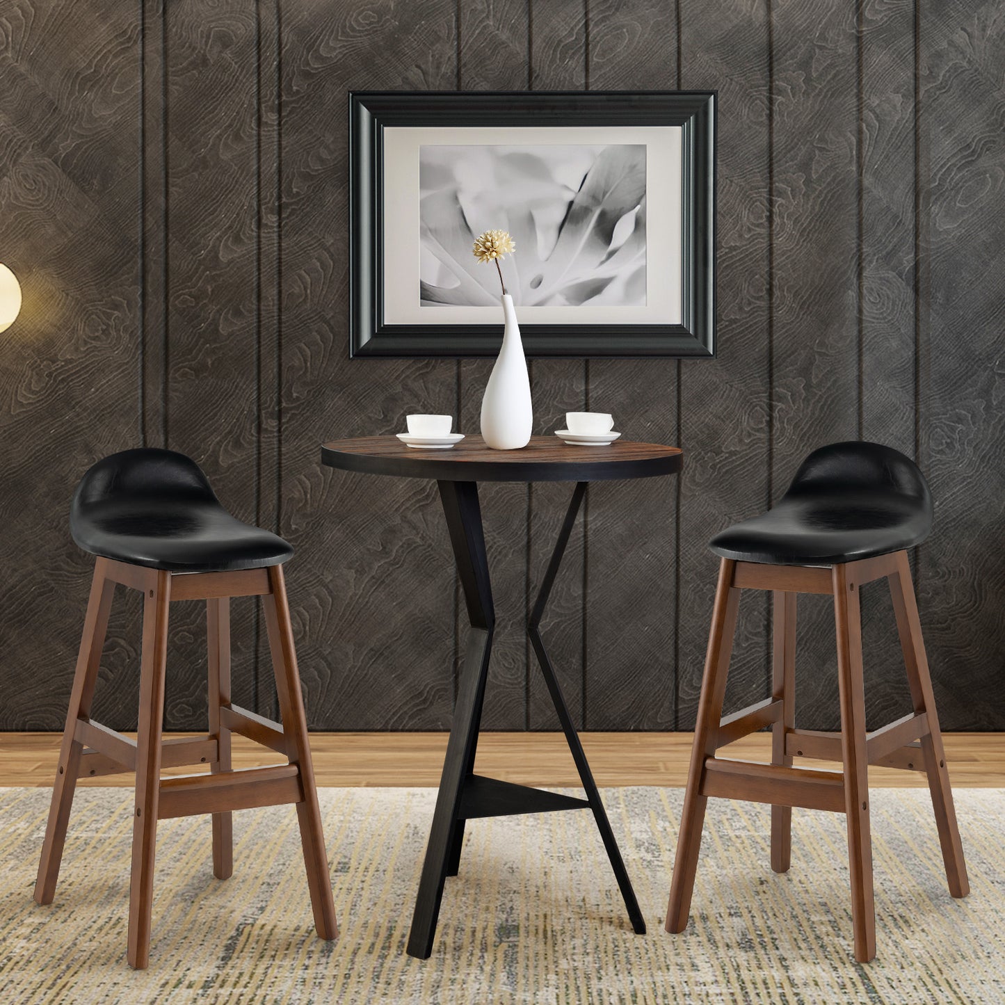 Bar Stool Set of 2 with Padded Seat and Back Cushion-Black