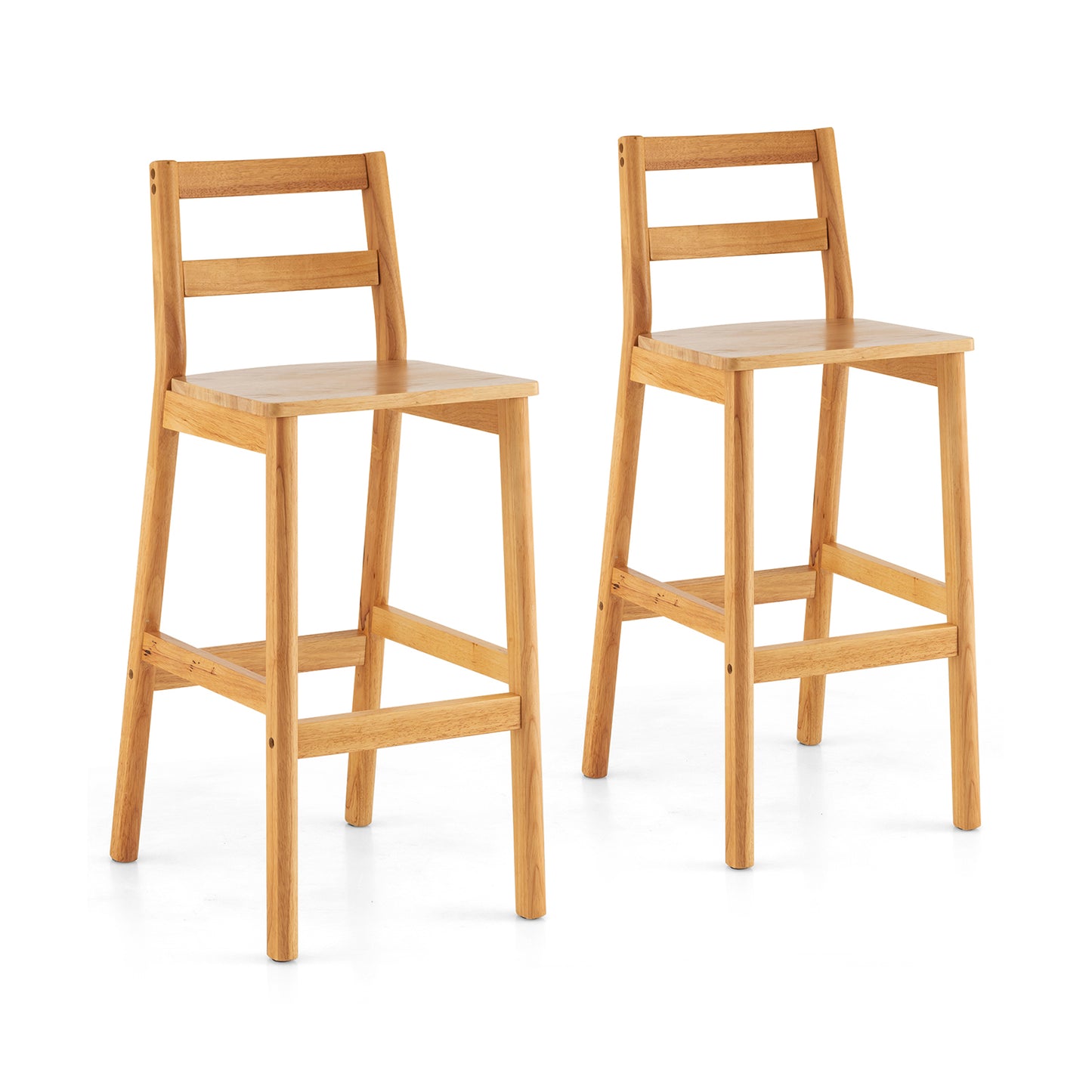 Set of 2 Rubber Wood Bar Stools with Backrest and Footrests-Natural