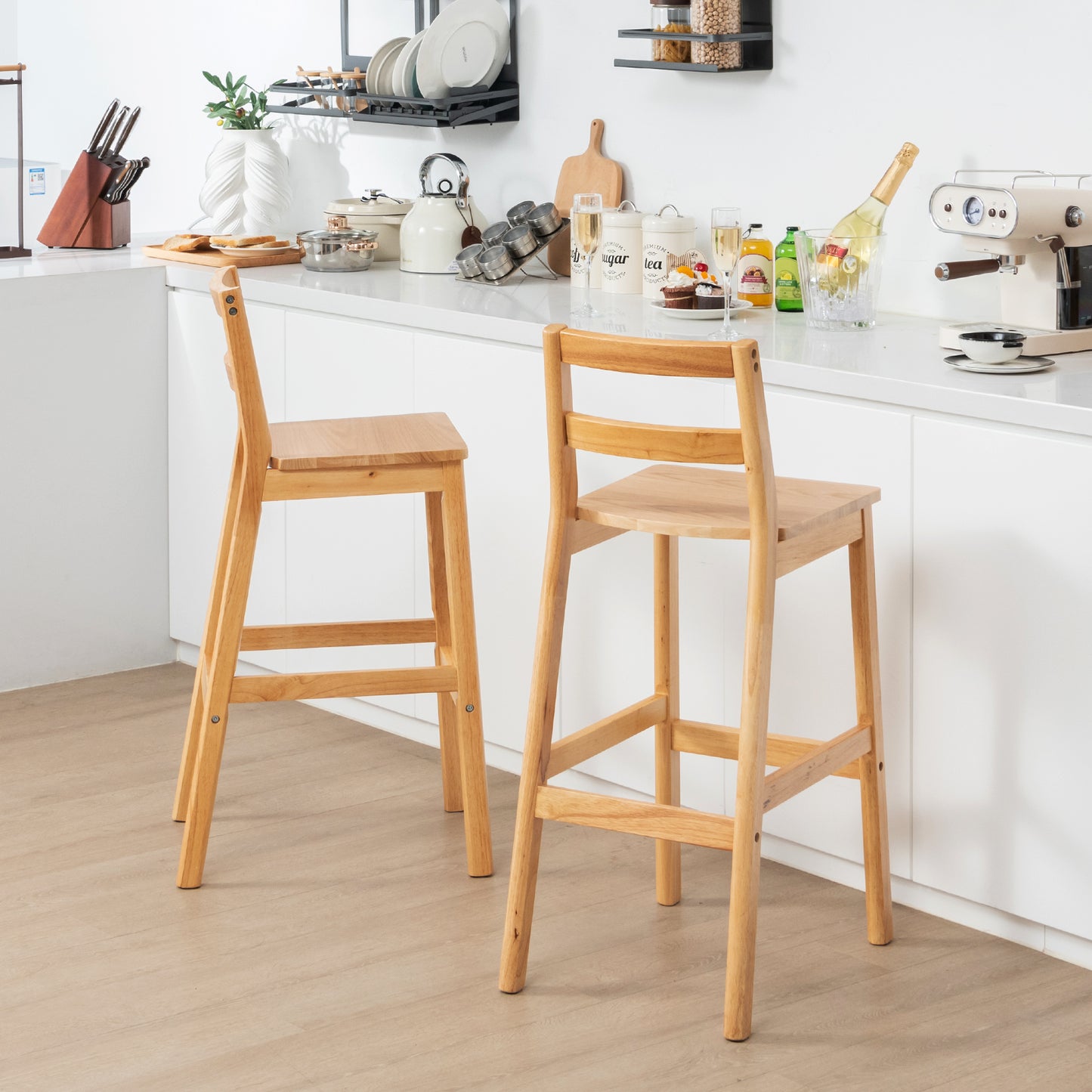 Set of 2 Rubber Wood Bar Stools with Backrest and Footrests-Natural