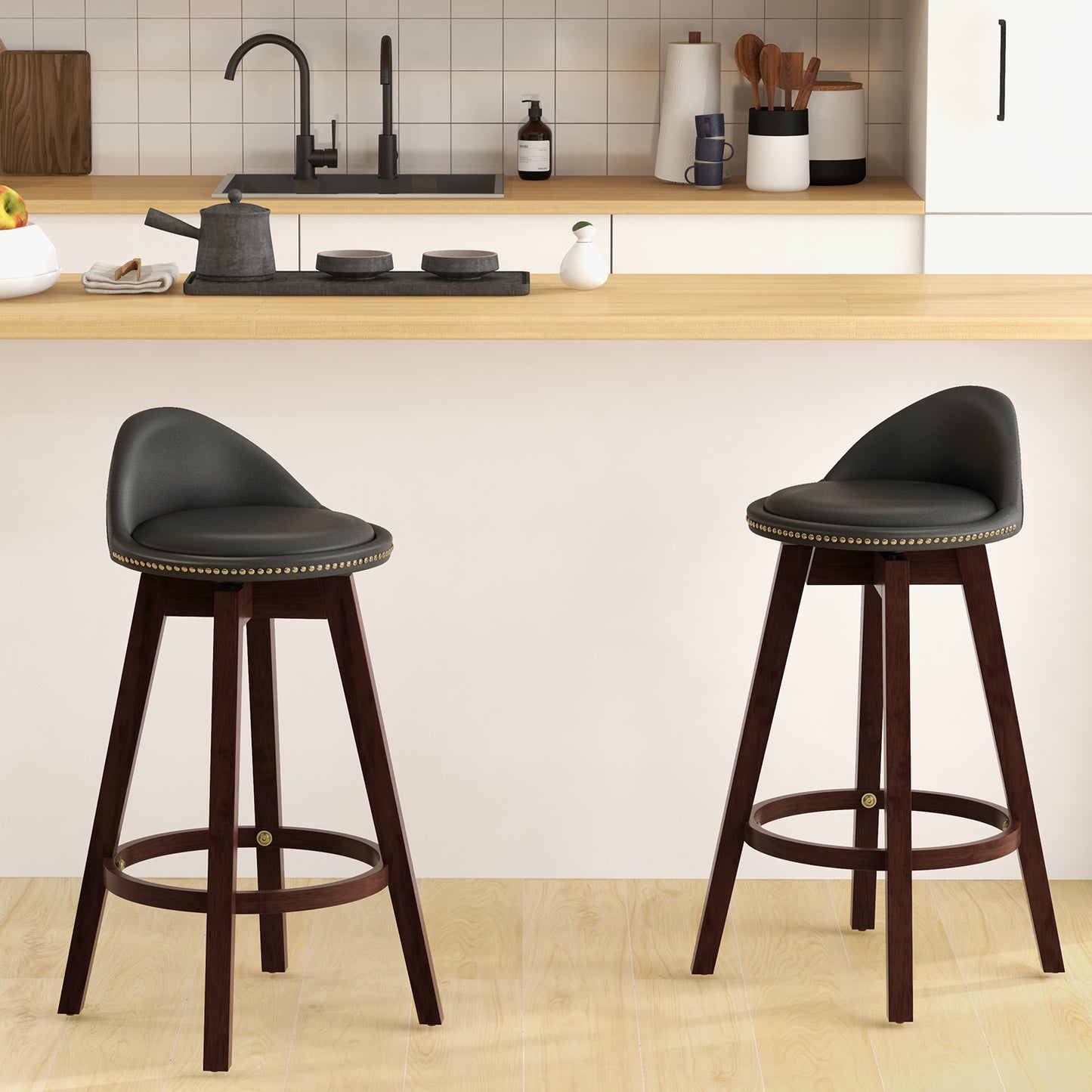 Swivel Bar Stool Set of 2 with Low Back and Rubber Wood Legs-Black