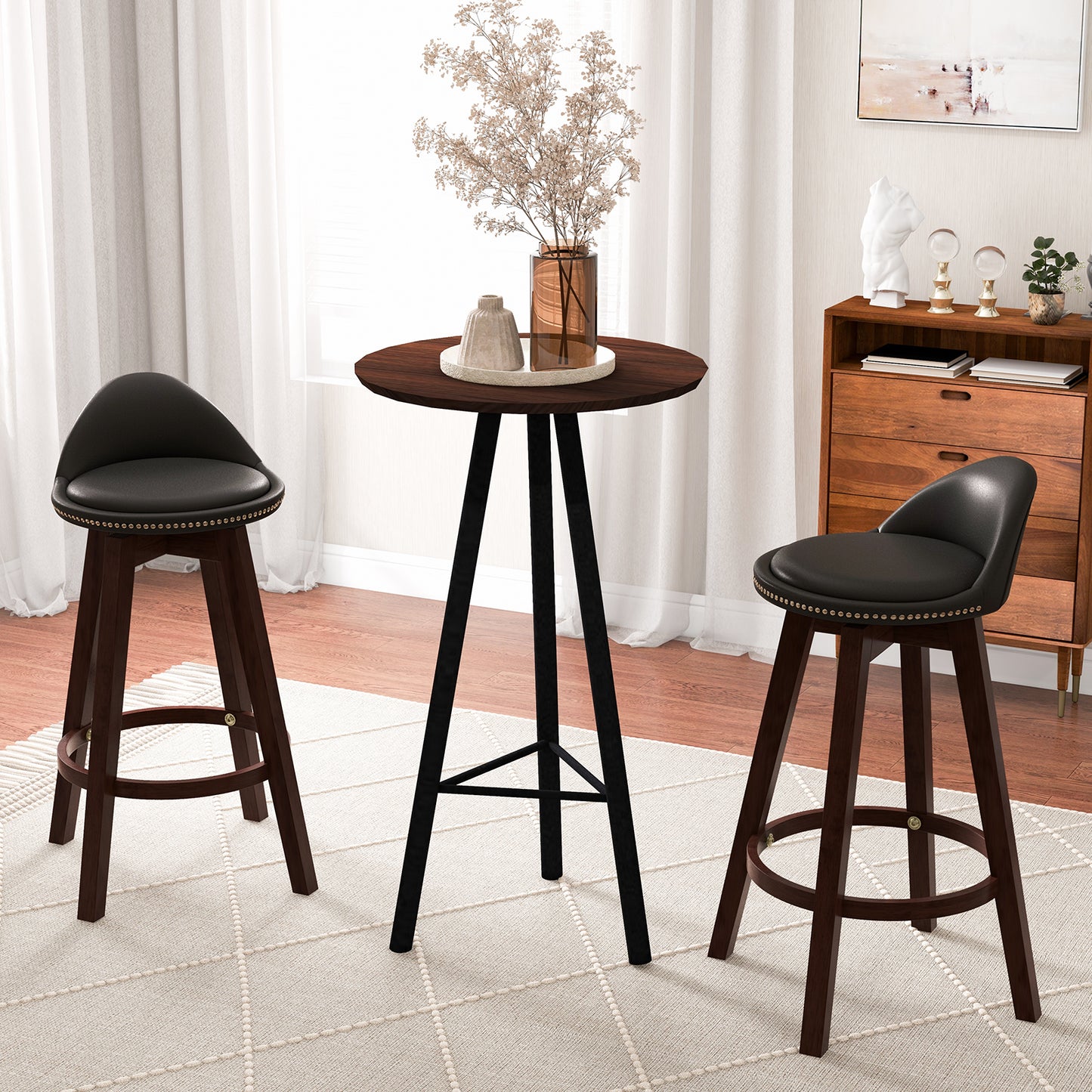 Swivel Bar Stool Set of 2 with Low Back and Rubber Wood Legs-Black