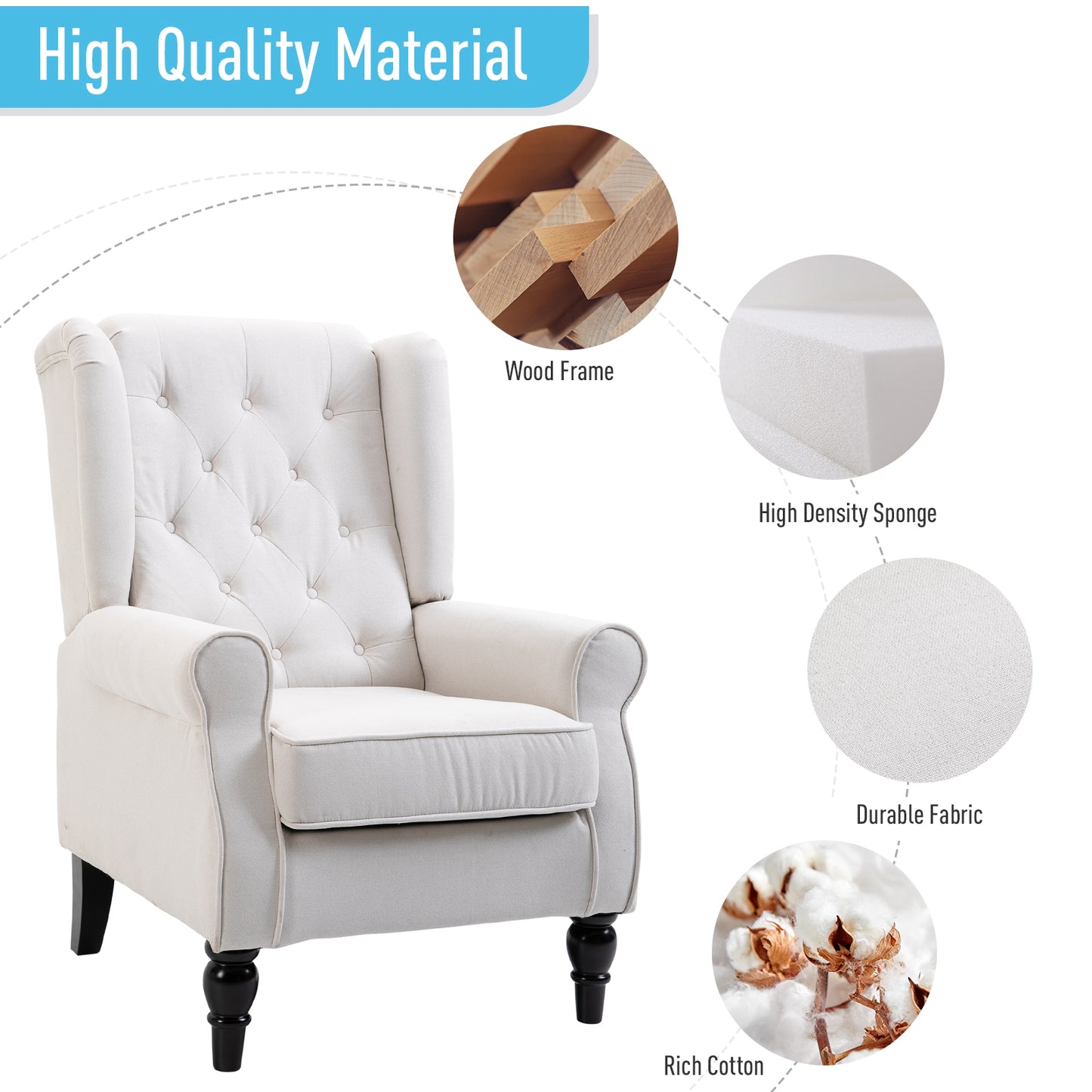 HOMCOM Wingback Accent Chair, Retro Upholstered Button Tufted Occasional Chair for Living Room and Bedroom, Cream White