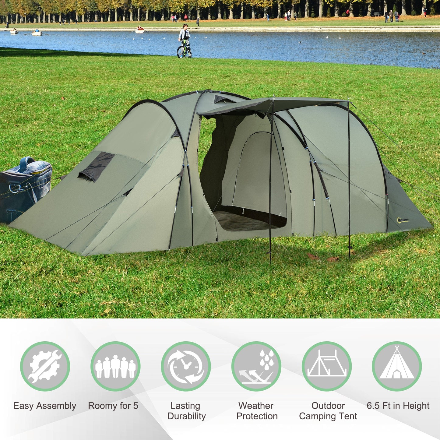 Outsunny 5 Man Camping Tent Camping Gazebo Garden Tent w/ Rainfly 3 Rooms Carry Bag