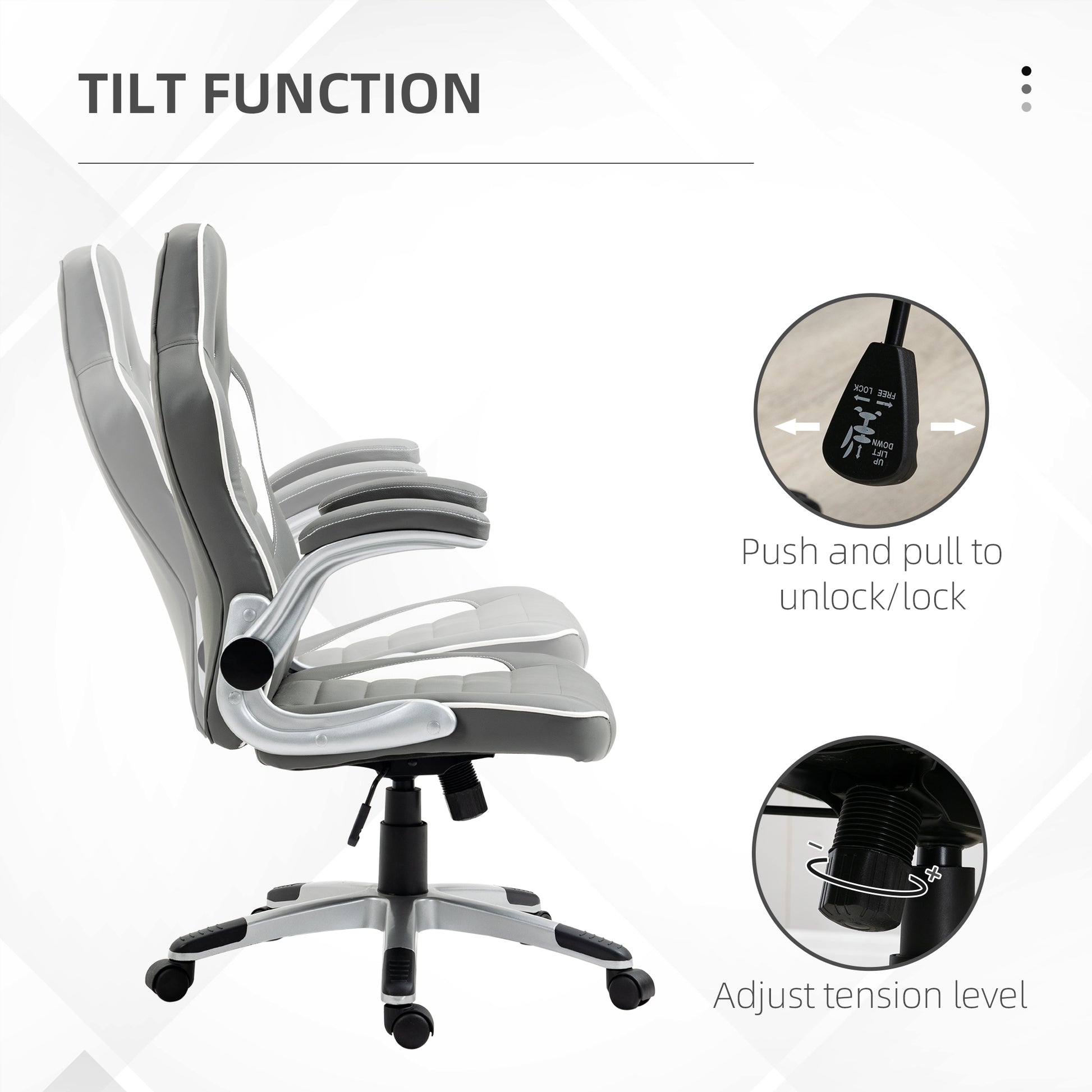 HOMCOM Racing Gaming Chair, PU Leather Computer Desk Chair, Height Adjustable Swivel Chair With Tilt Function and Flip Up Armrests, Grey