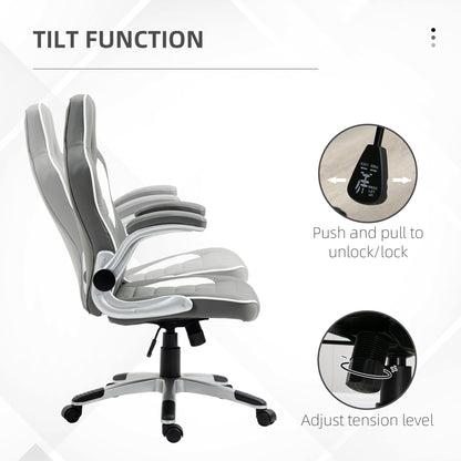 HOMCOM Racing Gaming Chair, PU Leather Computer Desk Chair, Height Adjustable Swivel Chair With Tilt Function and Flip Up Armrests, Grey