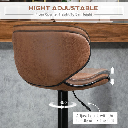 HOMCOM Bar Stool Set of 2 Microfiber Cloth Adjustable Height Armless Chairs with Swivel Seat, Brown