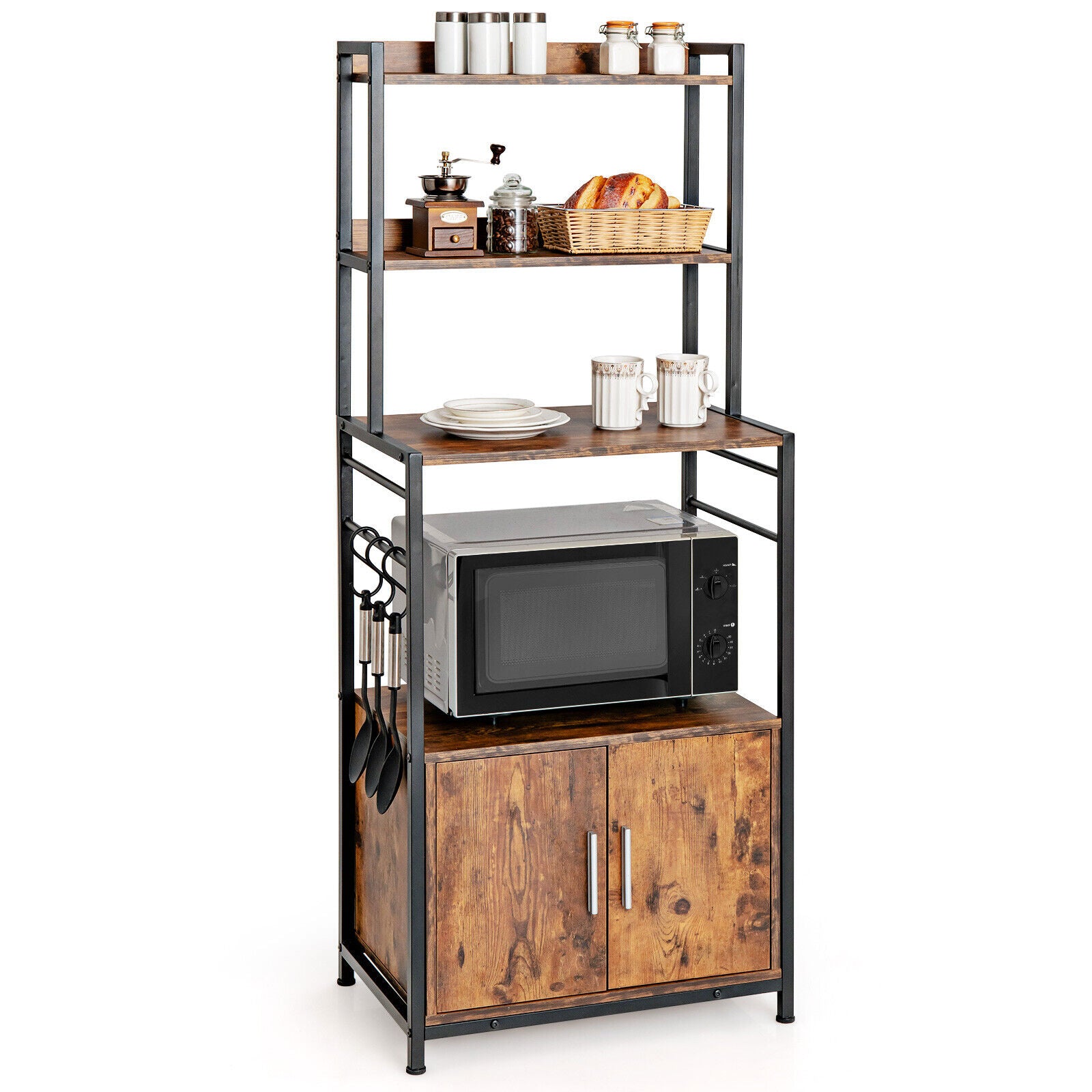 4-Tier Kitchen Baker's Rack with Storage Cabinet and Hutch-Brown