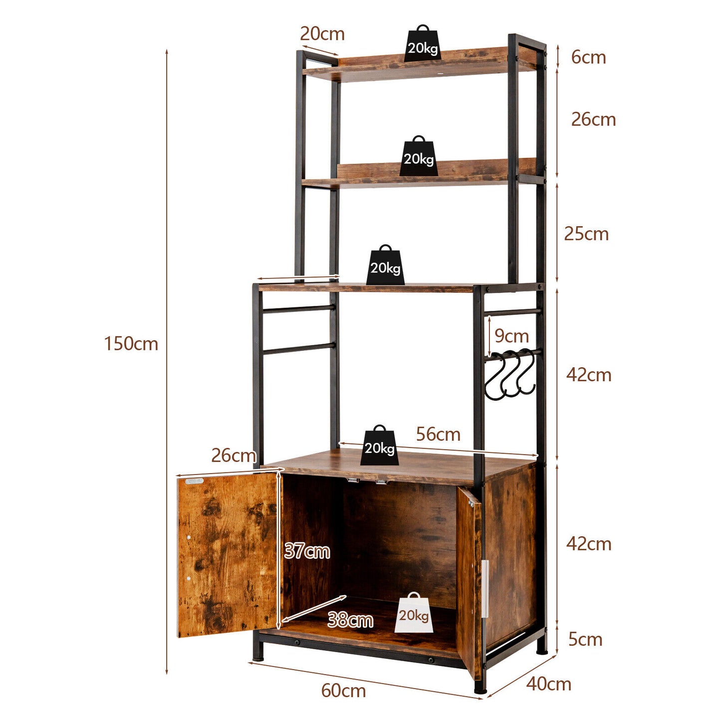 4-Tier Kitchen Baker's Rack with Storage Cabinet and Hutch-Brown