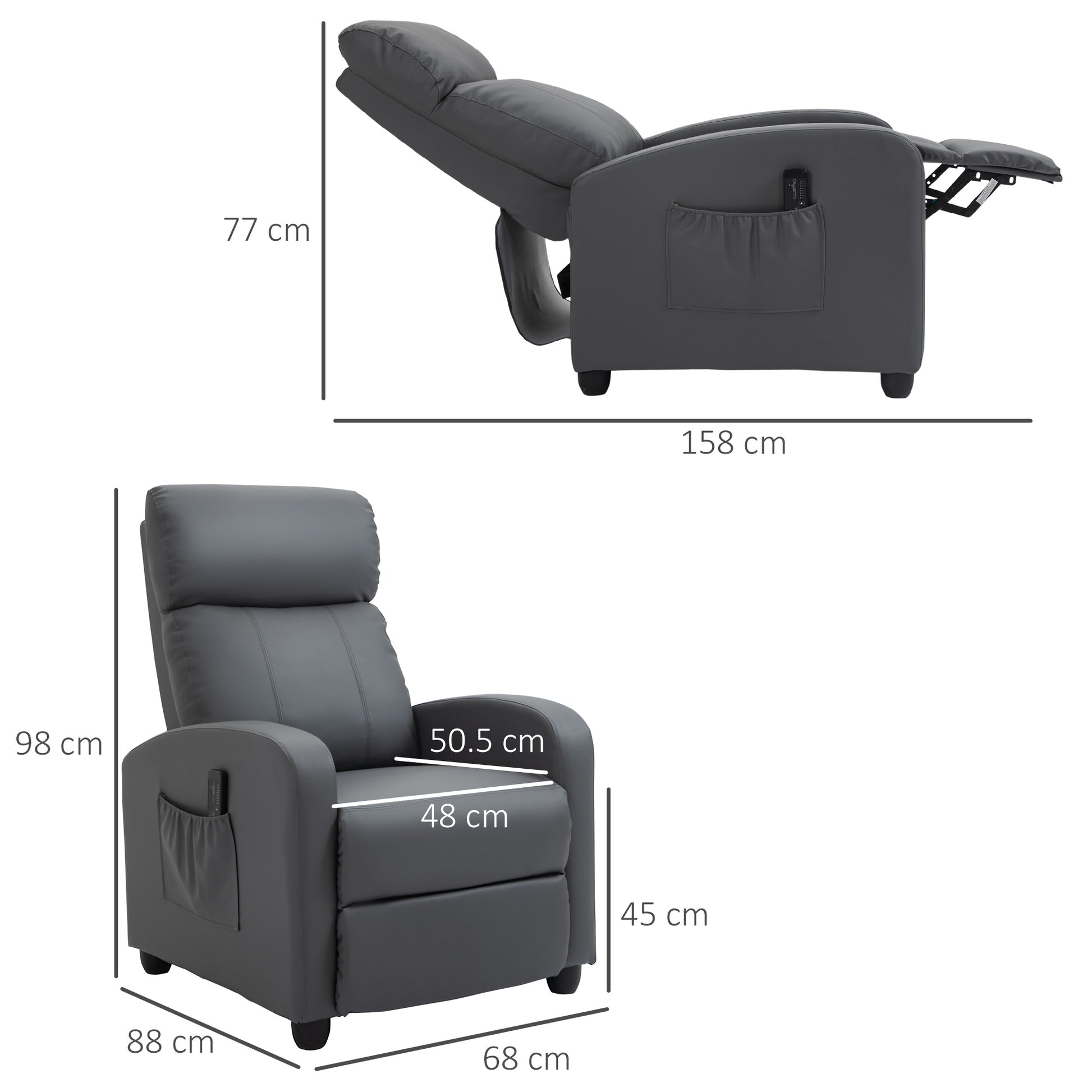 HOMCOM Recliner Sofa Chair PU Leather Massage Armcair w/ Footrest and Remote Control for Living Room, Bedroom, Home Theater, Grey