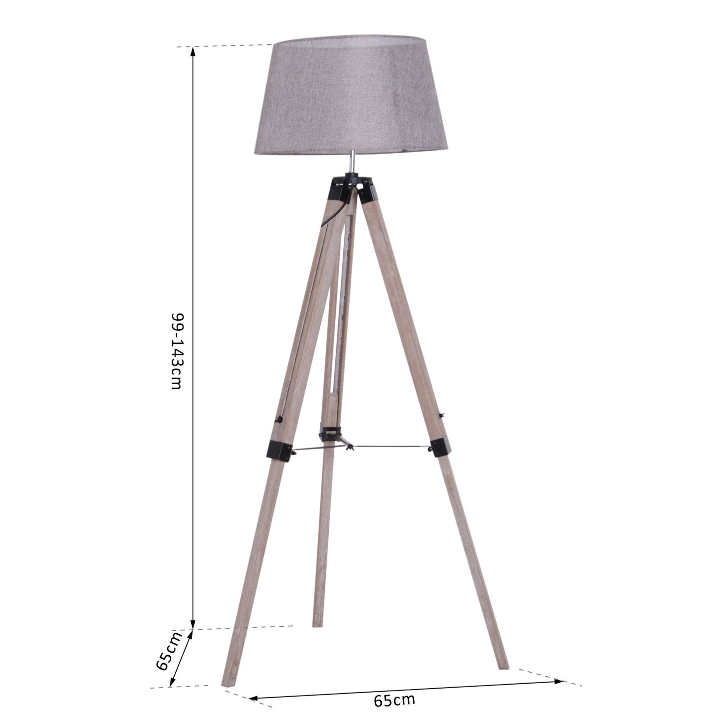 HOMCOM Wooden Adjustable Tripod Free Standing Floor Lamp  Bedside Light E27 Bulb Compatible