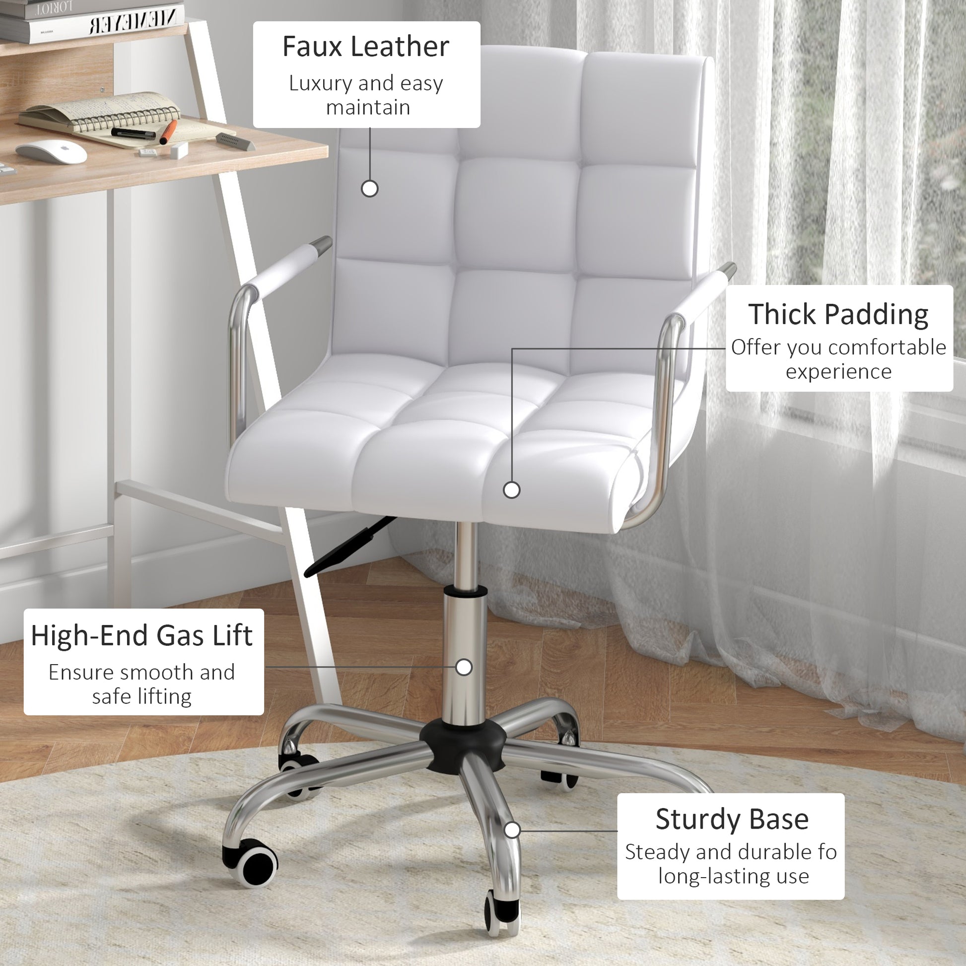 HOMCOM Home Office Chair and Computer Desk Set, Faux Leather Desk Chair with Swivel Wheels, Study Desk with Storage Shelf, White