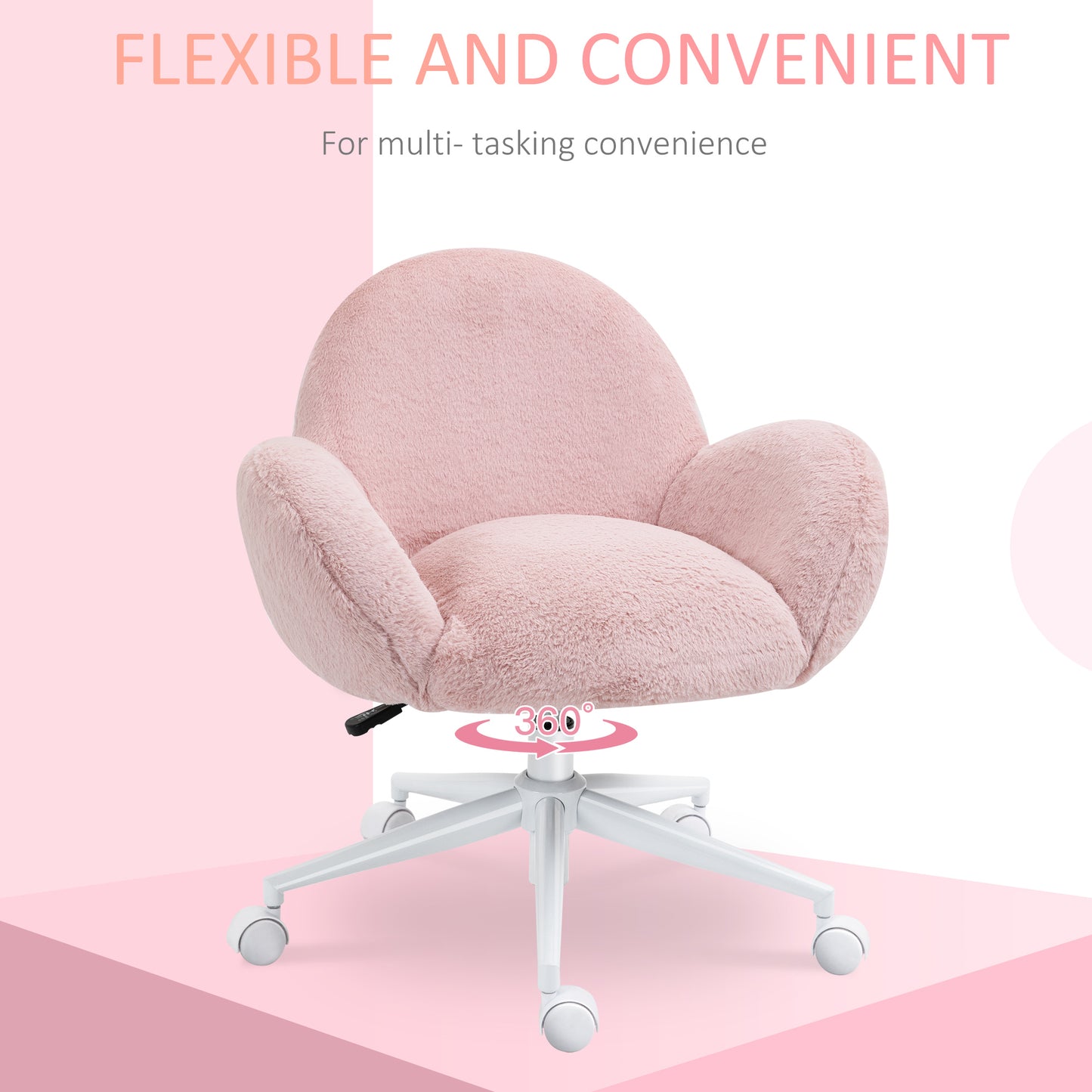 HOMCOM Fluffy Leisure Chair Office Chair with Backrest and Armrest for Home Bedroom Living Room with Wheels Pink