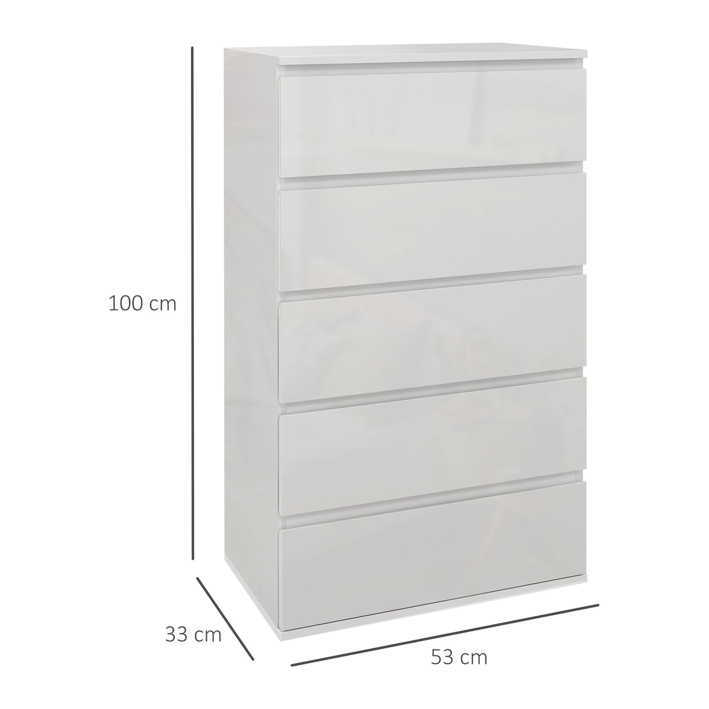 HOMCOM 5-Drawer High Gloss Chest of Drawers, Storage Cabinets, Modern Dresser, Storage Drawer Unit for Bedroom, White