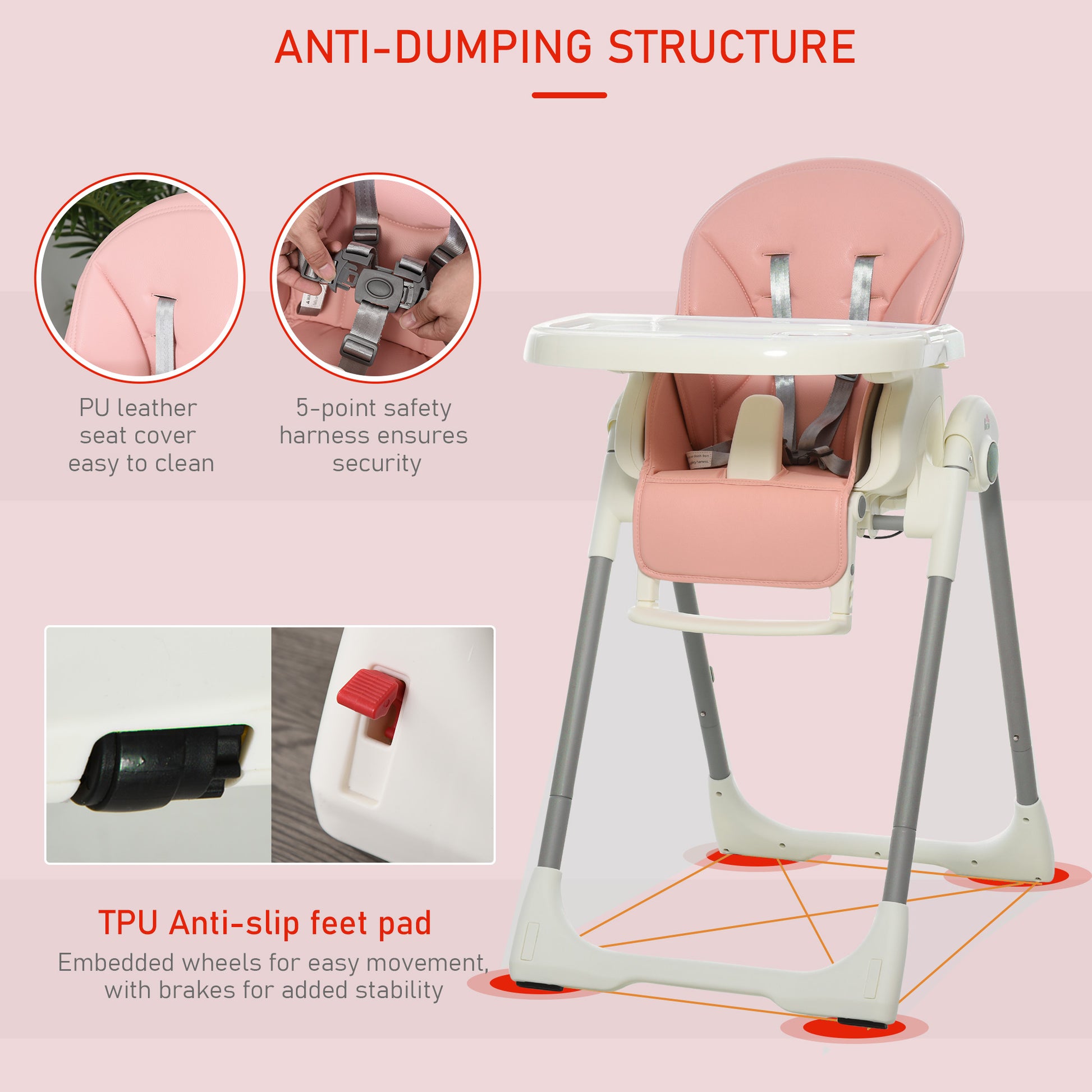 HOMCOM Foldable Baby High Chair Convertible to Toddler Chair Height Adjustable with Removable Tray 5-Point Harness Mobile with Wheels Pink