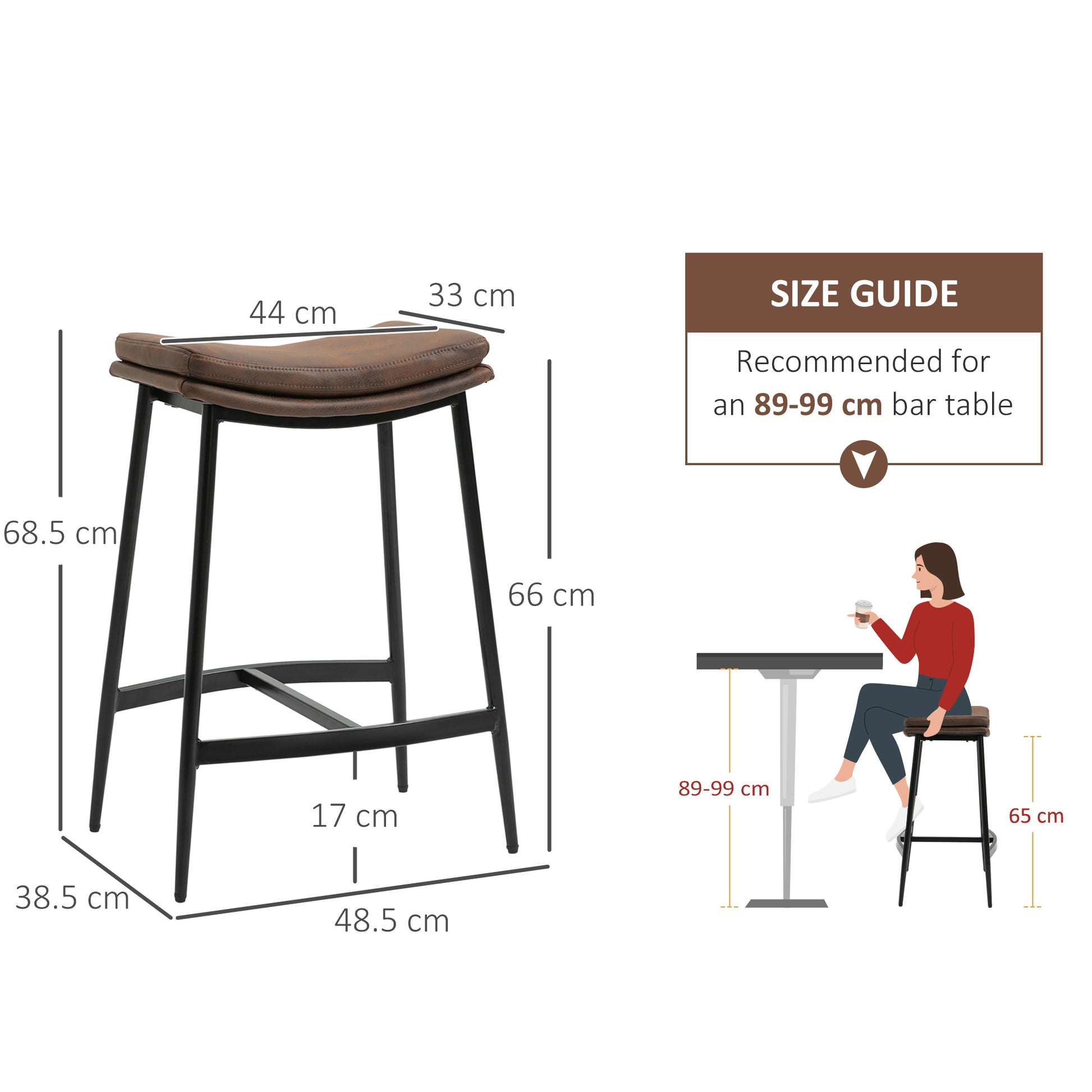 HOMCOM Breakfast Bar Stools Set of 2, Microfibre Upholstered Barstools, Industrial Bar Chairs with Curved Seat and Steel Frame