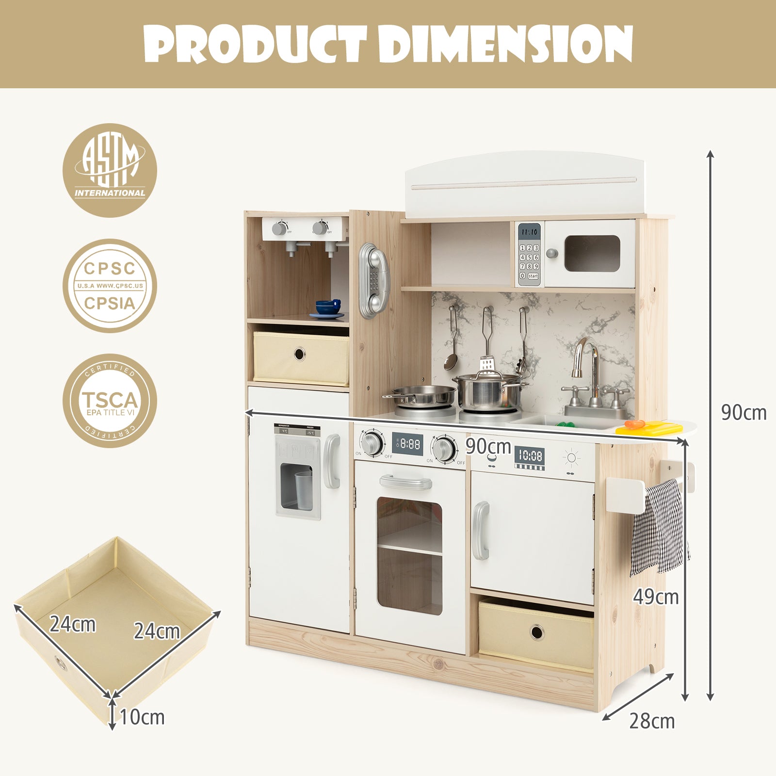 Kids Kitchen Playset with Adjustable LED Lights and Removable Shelves-White