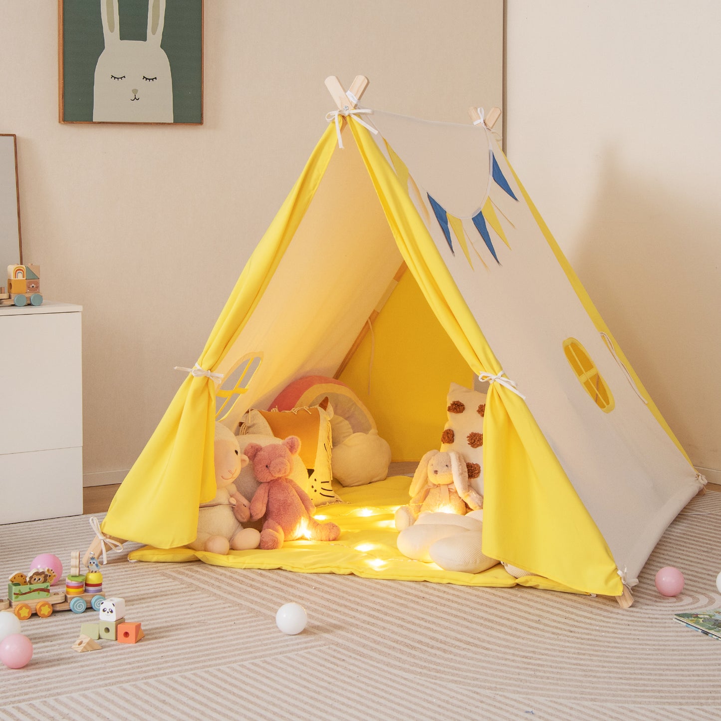 Kids Large Triangular Playhouse Tent with Selected Pine Wood Material-Yellow