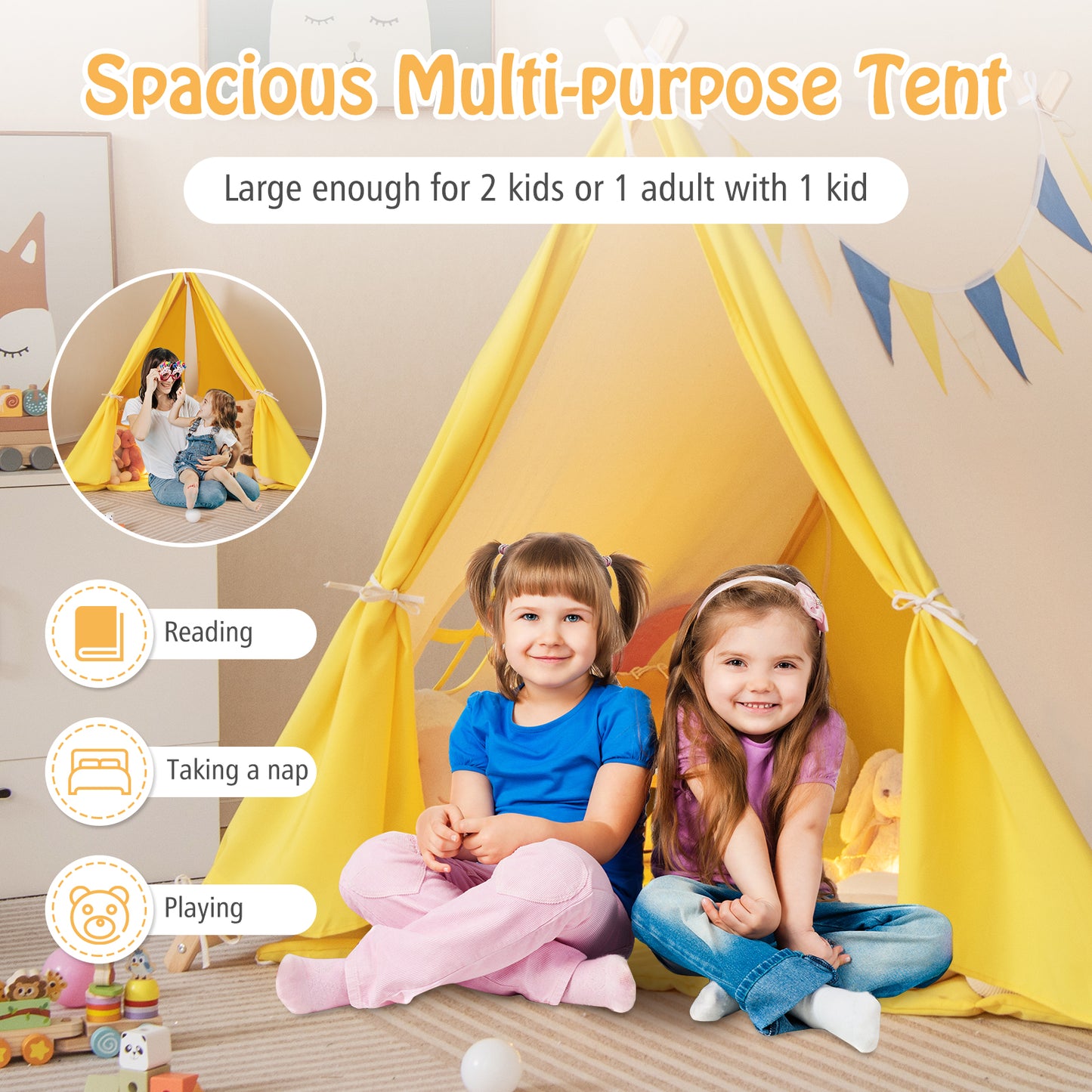 Kids Large Triangular Playhouse Tent with Selected Pine Wood Material-Yellow