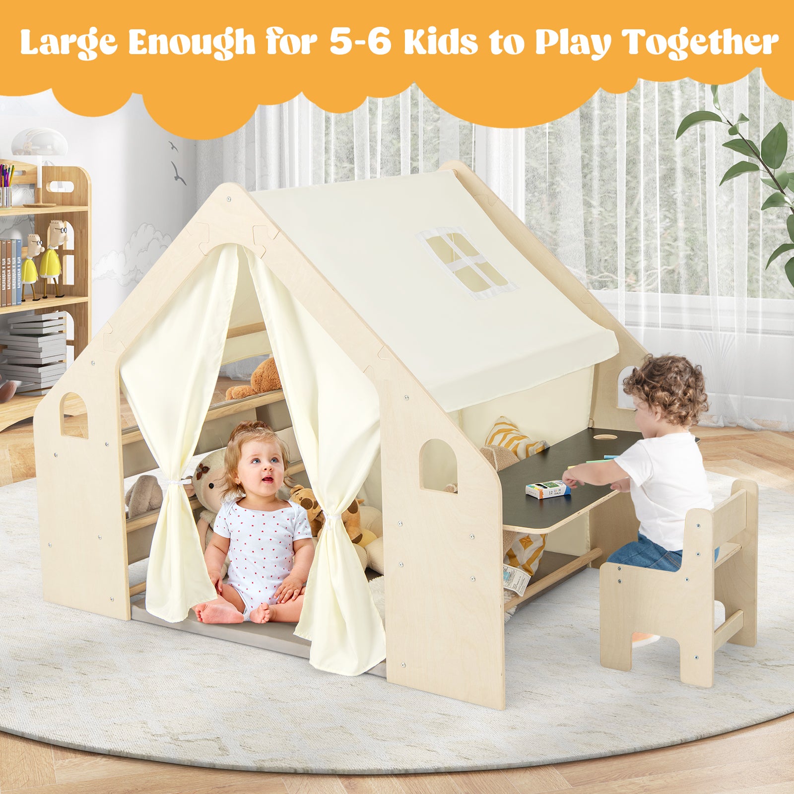 6-in-1 Kids Play Tent Playhouse with Blackboard 6 Storage Bins and Floor Cushion-Natural