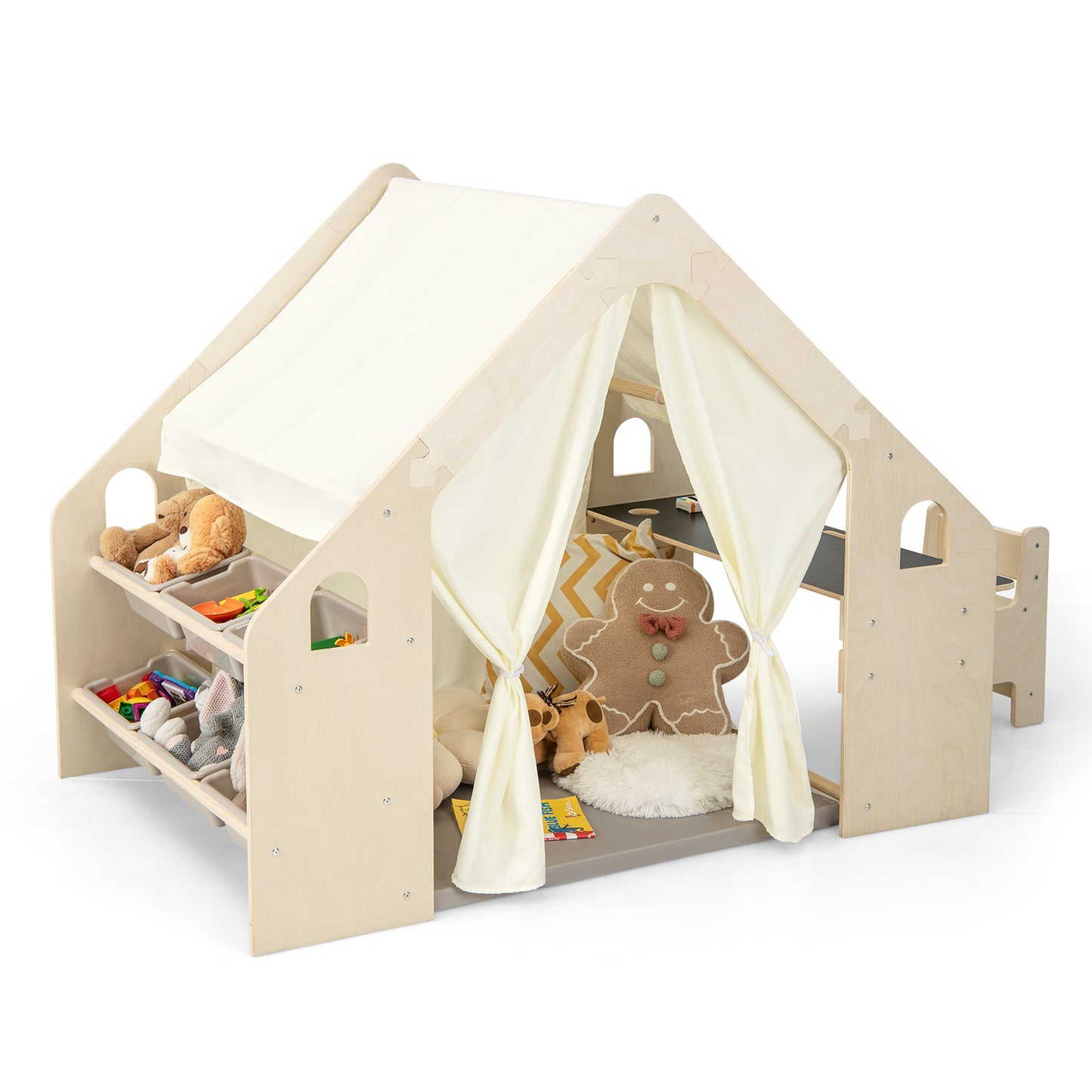 6-in-1 Kids Play Tent Playhouse with Blackboard 6 Storage Bins and Floor Cushion-Natural