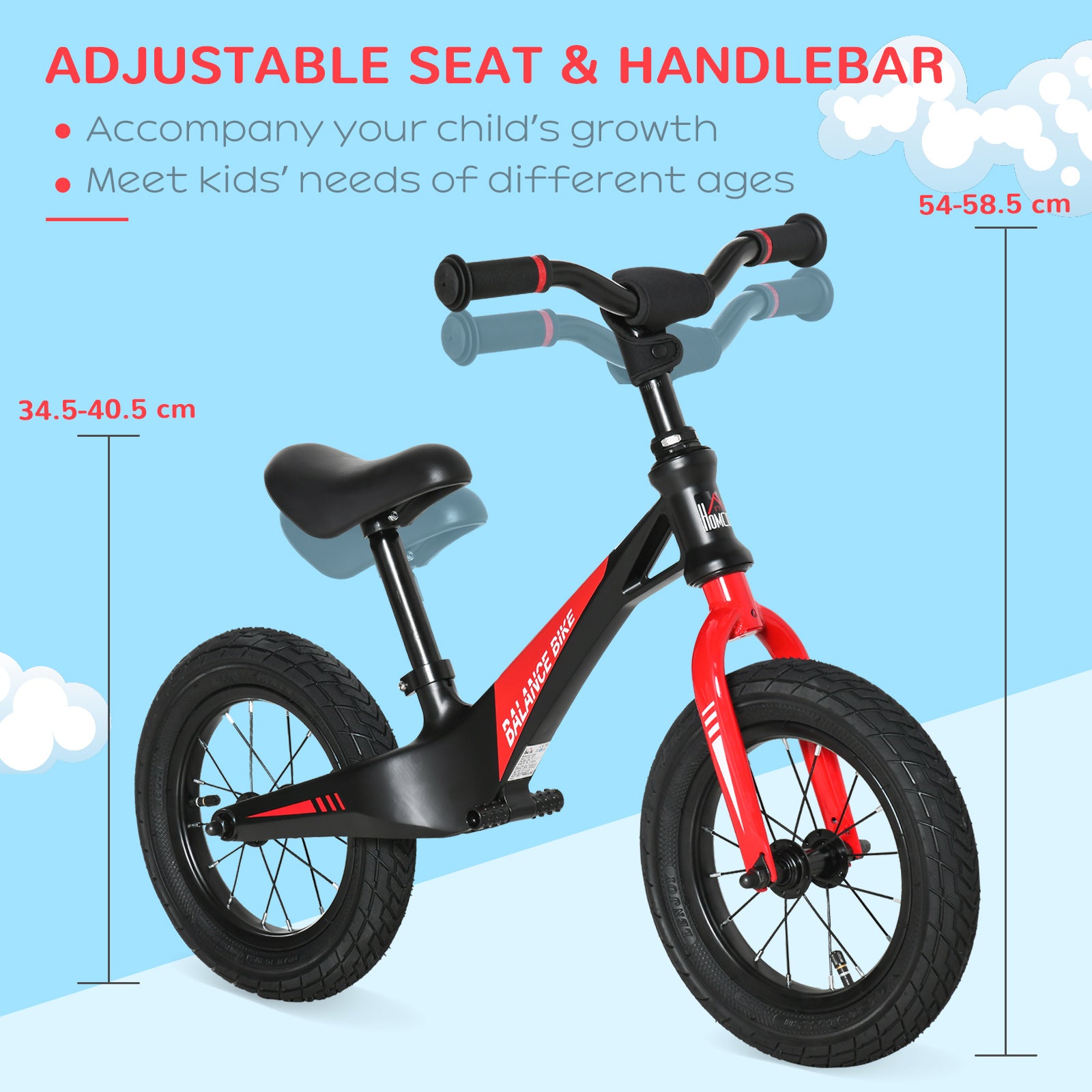 HOMCOM 30cm Kids Balance Bike, No Pedal Training Bicycle, w/ Air Filled Tires, Adjustable Handlebar, Padded Seat, for Children Aged 3-6