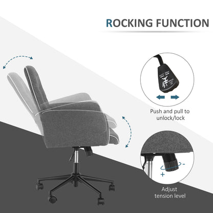 HOMCOM Linen Office Swivel Chair Mid Back Computer Desk Chair with Adjustable Seat, Arm - Grey