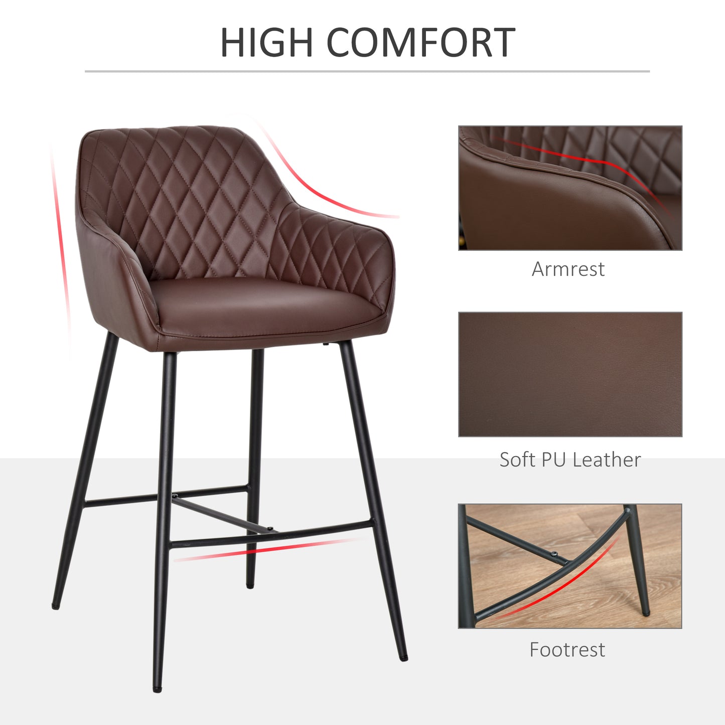 HOMCOM Set of 2 Bar stools With Backs Retro PU Leather Bar Chairs w/ Footrest Metal Frame Comfort Support Stylish Dining Seating Home Brown