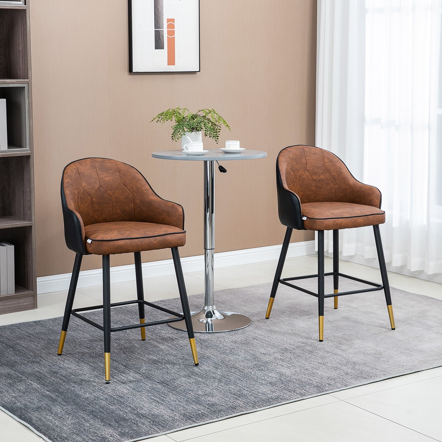 HOMCOM Modern Bar Stools Set of 2, Upholstered PU Leather Kitchen Stool, Bar Chairs with Tufted Back Steel Legs, Brown