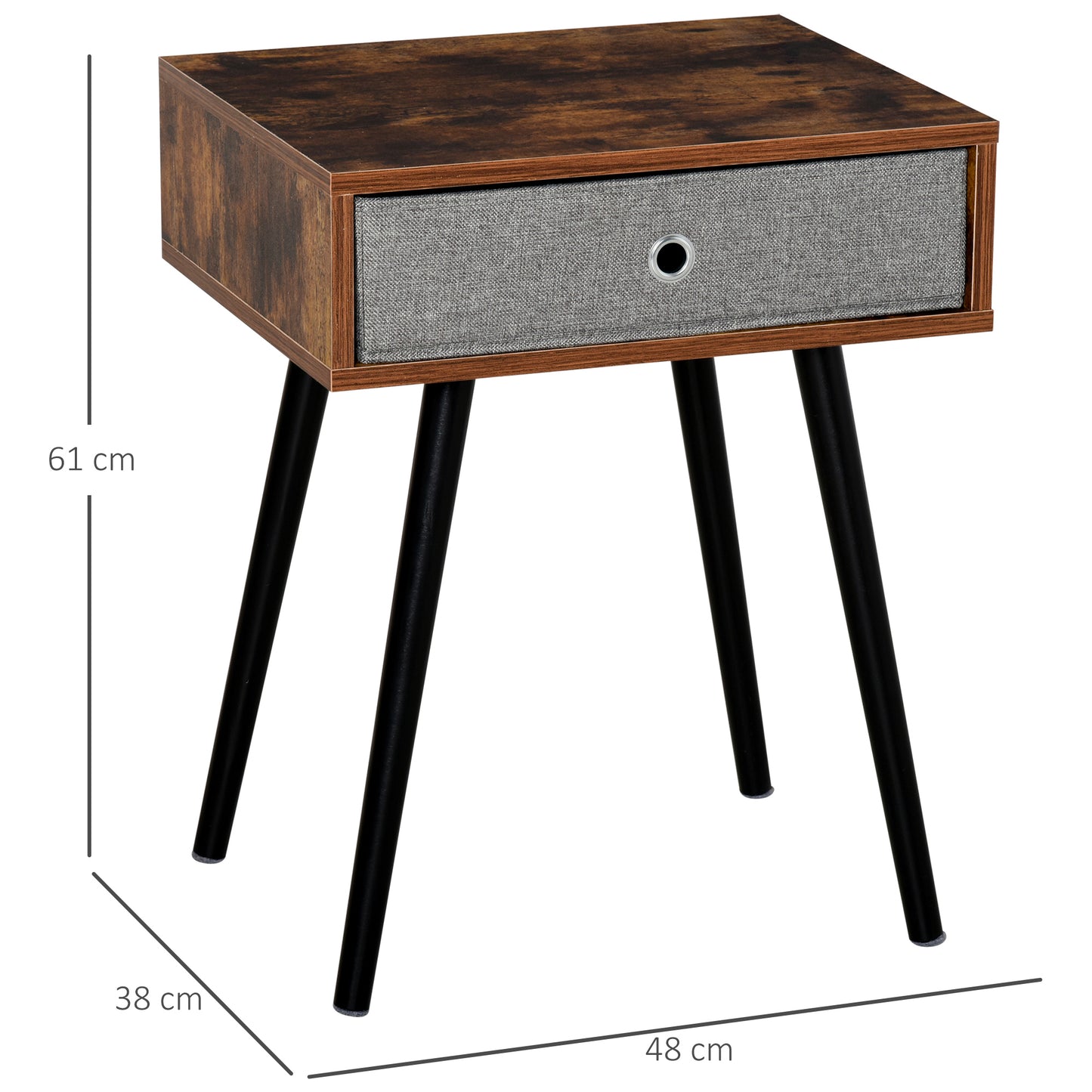 HOMCOM Side Table, Nightstand, End Table with Removable Fabric Drawer, Retro Style Accent Furniture with Wooden Legs, Rustic Brown and Black