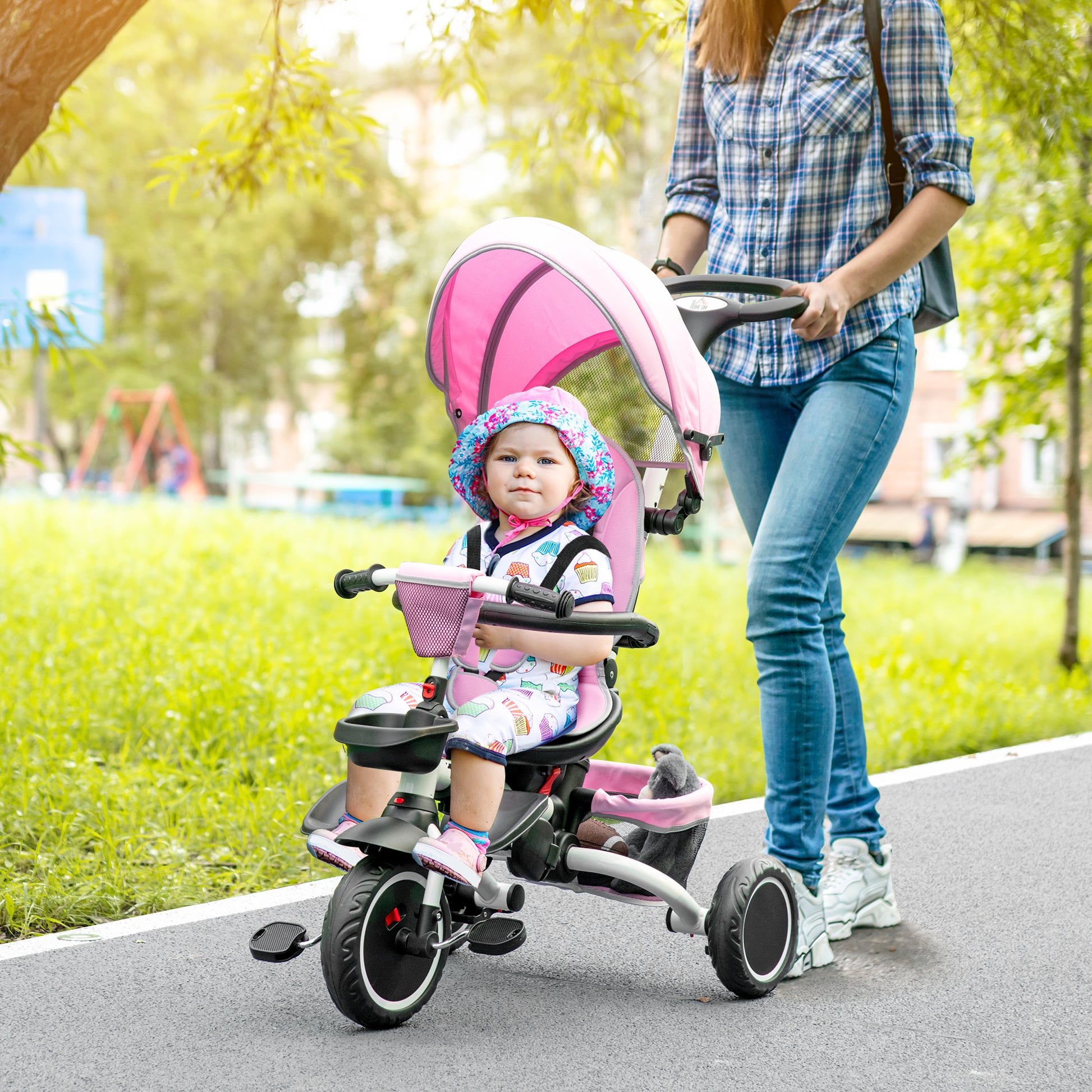 HOMCOM 7-in-1 Tricycle for Kids, Baby Trike with Rotatable Seat, Adjustable Push Handle Safety Harness Detachable Canopy Semi-reclining Footrest Pink