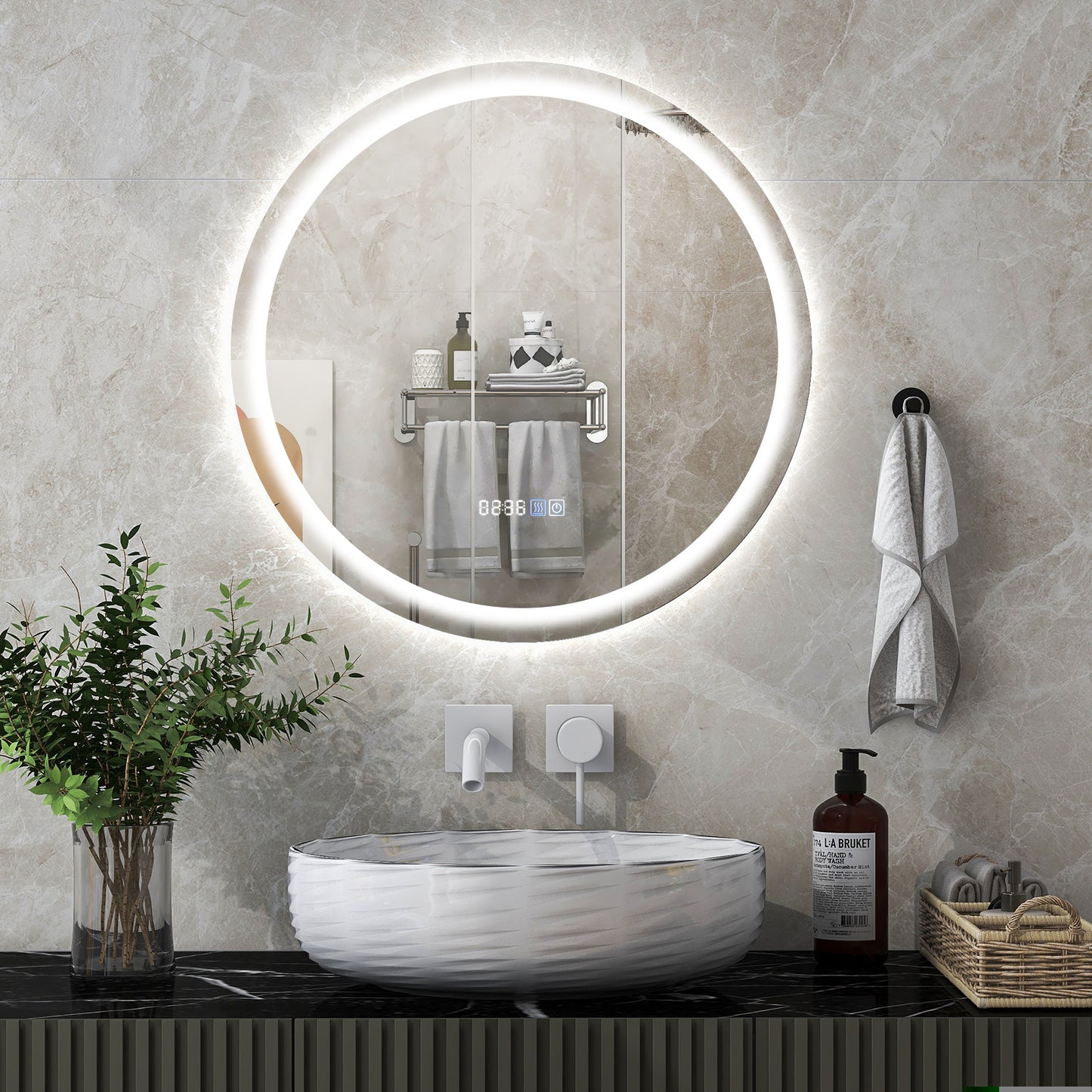 LED Bathroom Mirror with 3-Color Dimmable Lights, Time and Temp Display