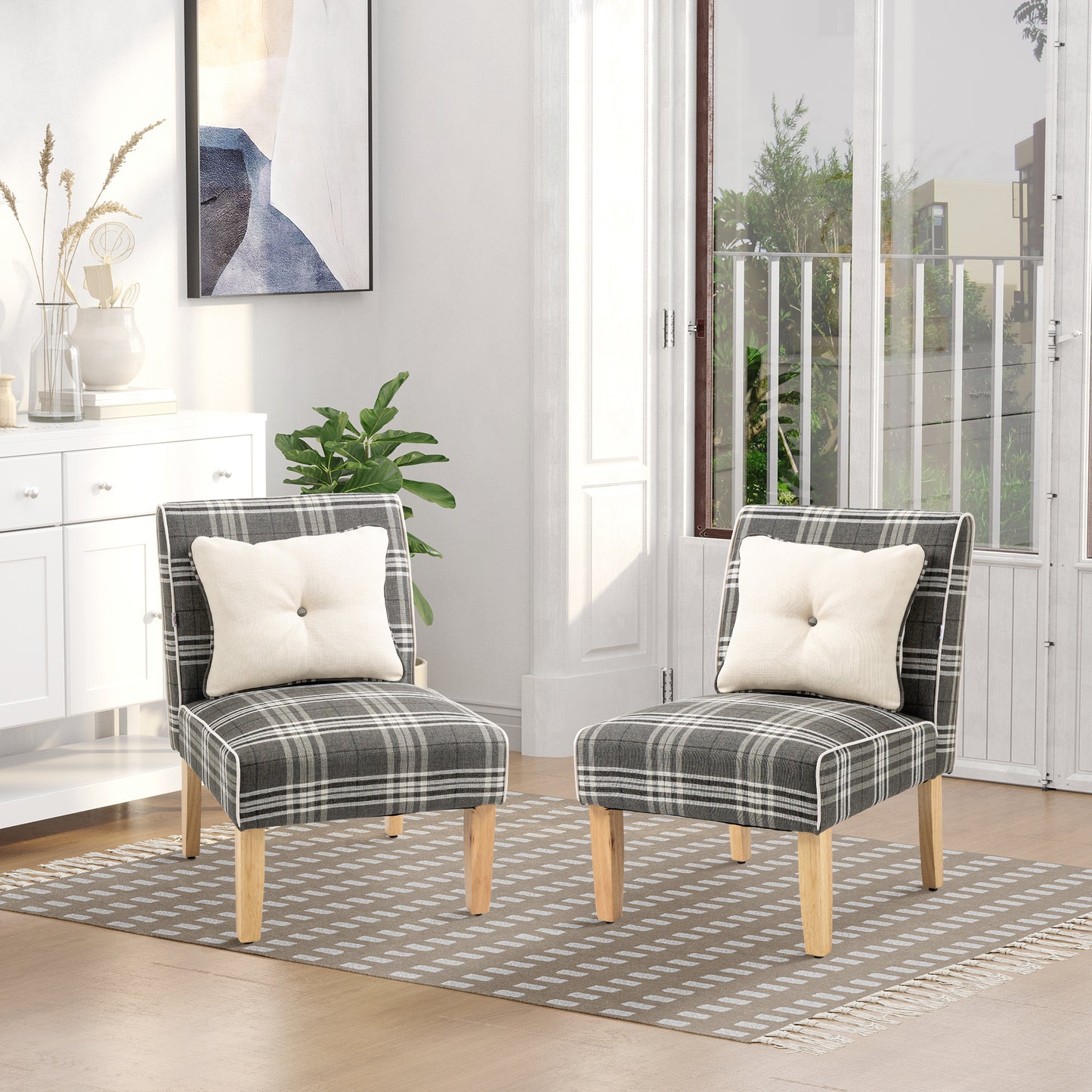 HOMCOM Modern Dining Chairs Set of 2, Accent Chair with Patterned Upholstery, Throw Pillows and Rubber Wood Legs, for Kitchen Living Room, Grey