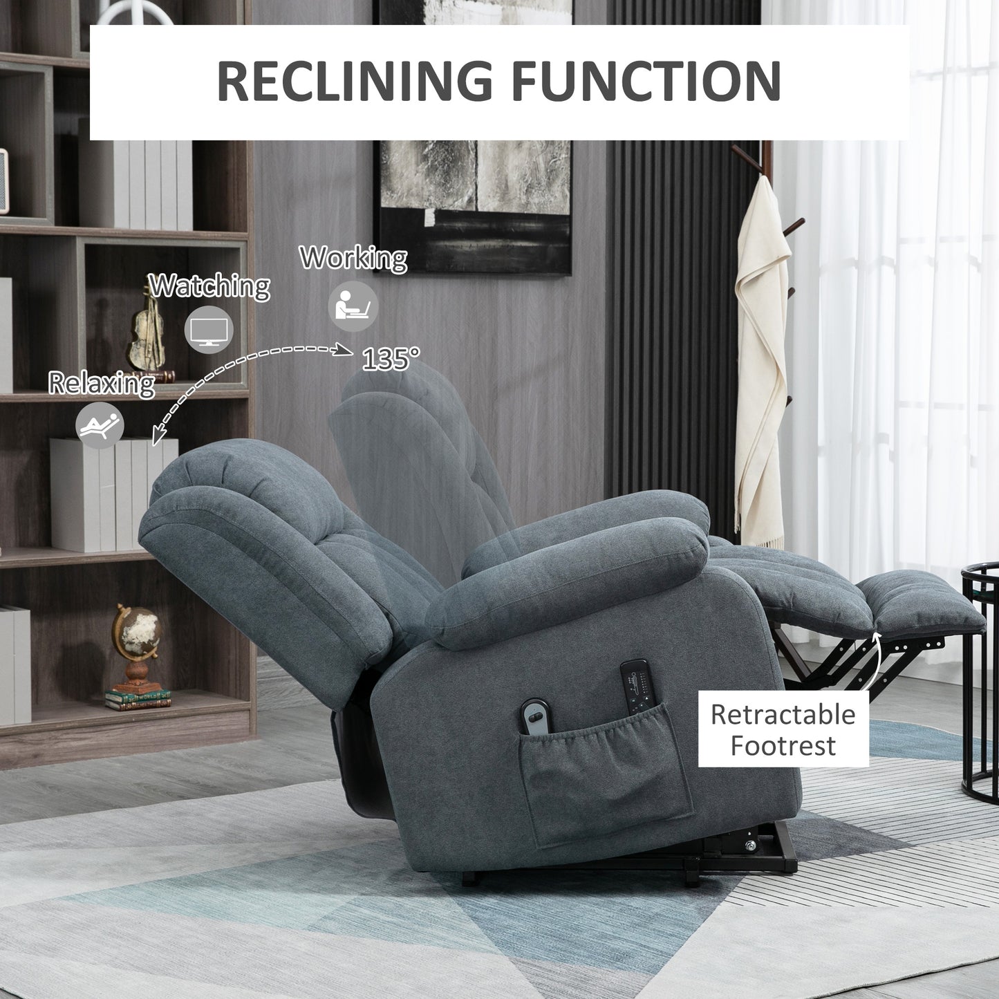 HOMCOM Oversized Riser and Recliner Chairs for the Elderly, Heavy Duty Fabric Upholstered Lift Chair w/ Remote Control, Side Pocket, Dark Grey