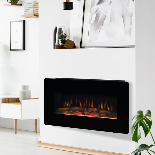 HOMCOM Electric Wall-Mounted Fireplace Heater with Adjustable Flame Effect, Remote Control, Timer, 1800/2000W, Black