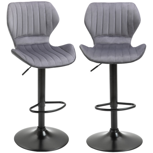 HOMCOM Bar Stool Set of 2 Velvet-Touch Fabric Adjustable Height Swivel Counter Chairs with Footrest, Grey